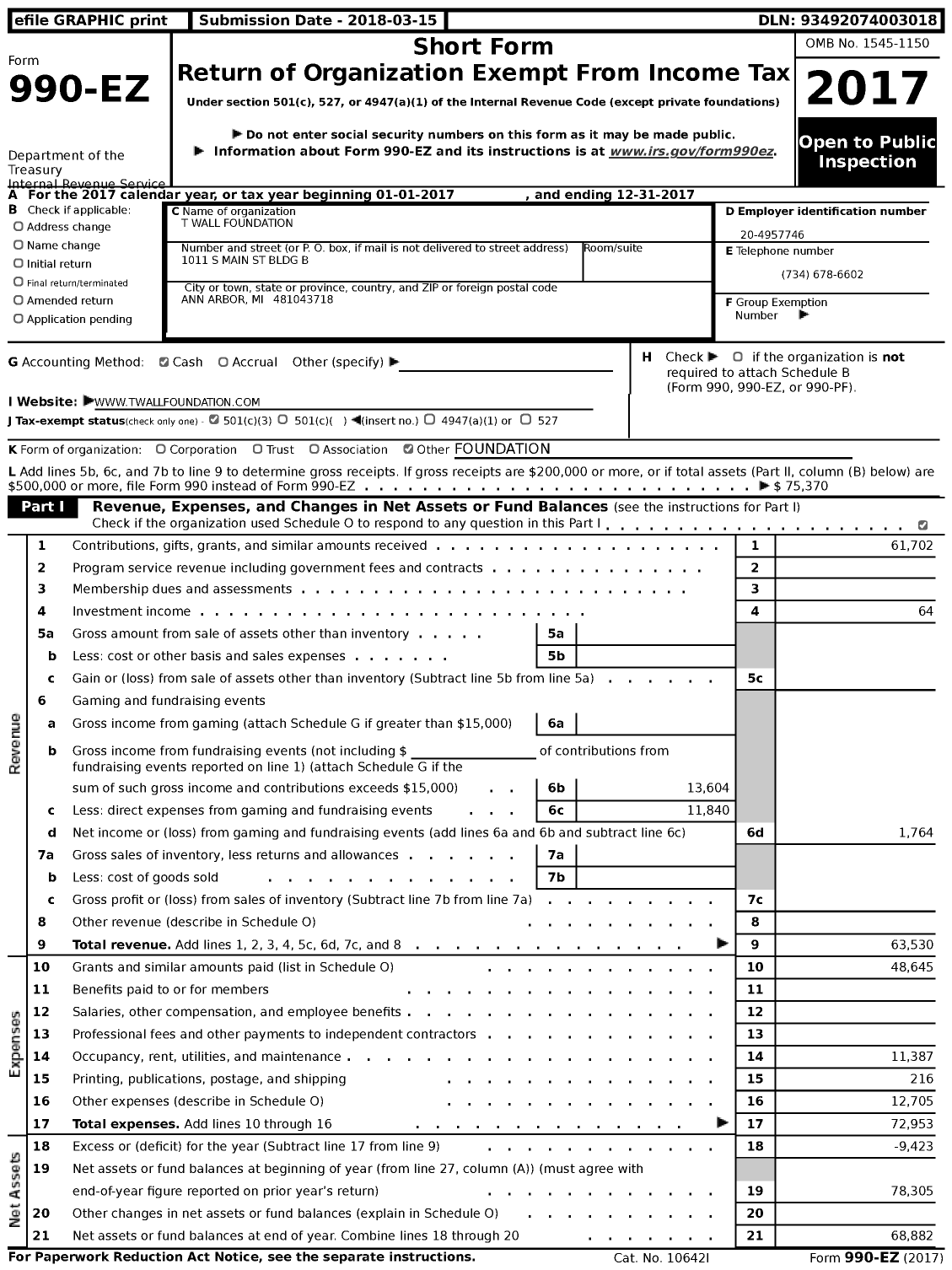 Image of first page of 2017 Form 990EZ for T Wall Foundation