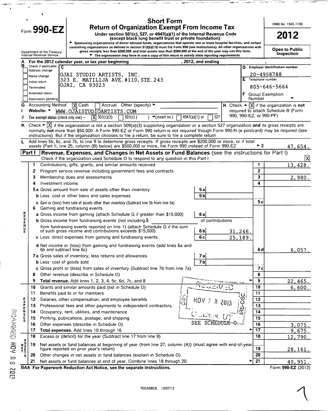 Image of first page of 2012 Form 990EZ for Ojai Studio Artists