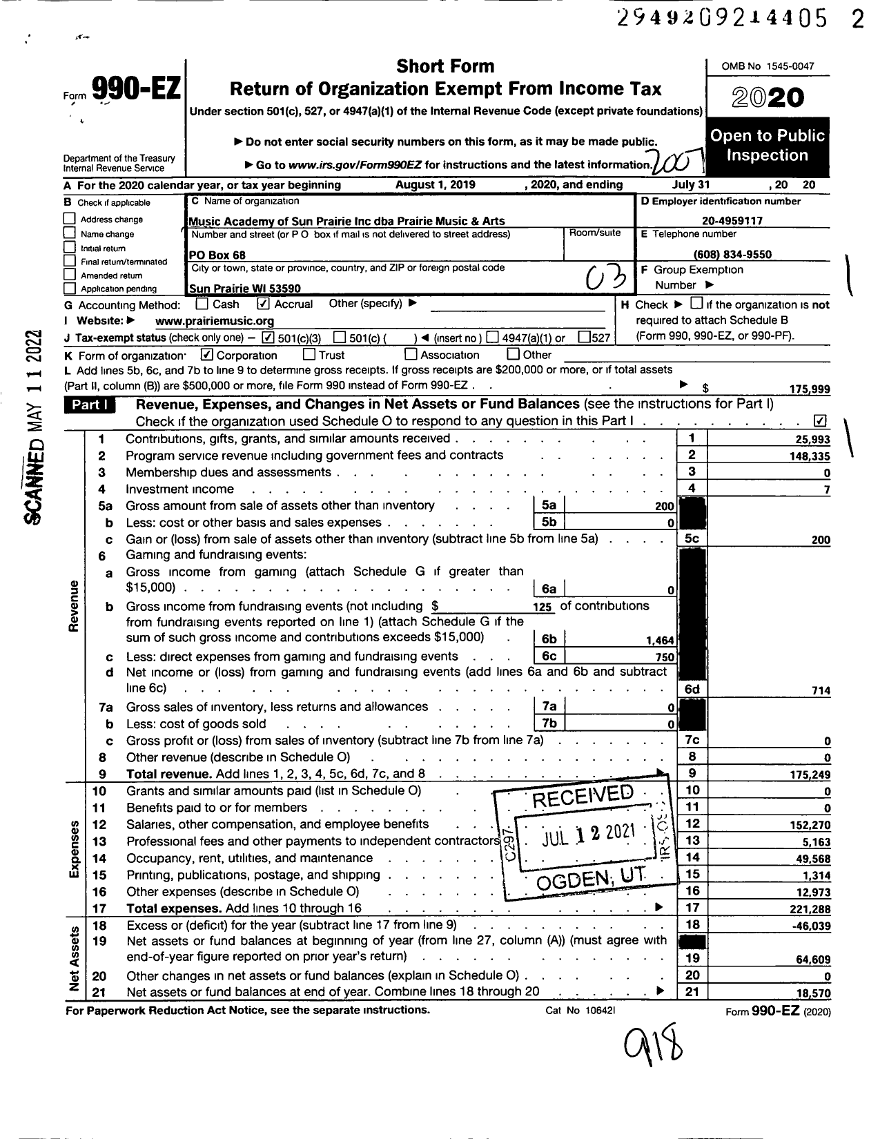 Image of first page of 2019 Form 990EZ for Prairie MUSIC and ARTS