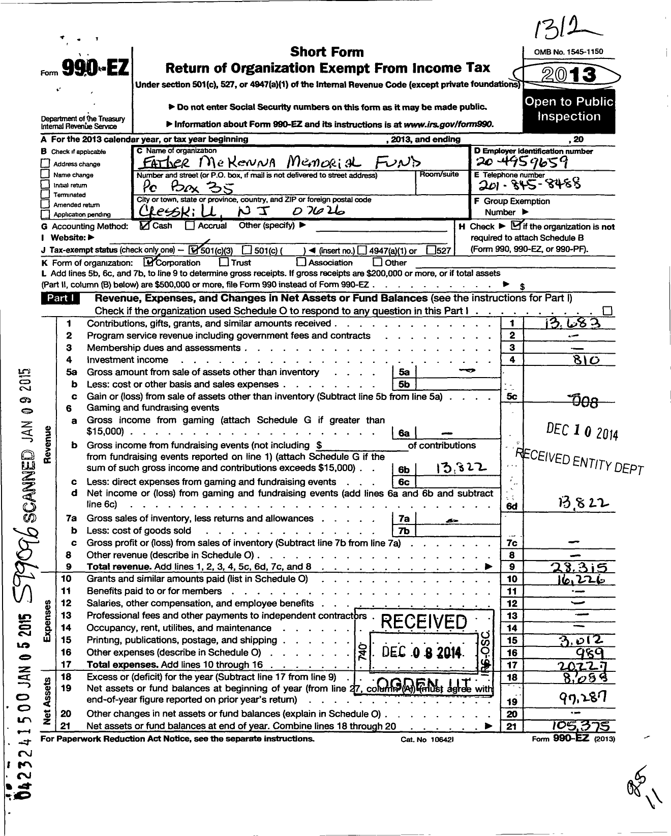 Image of first page of 2013 Form 990EZ for Father Mckenna Memorial Fund Incorporated