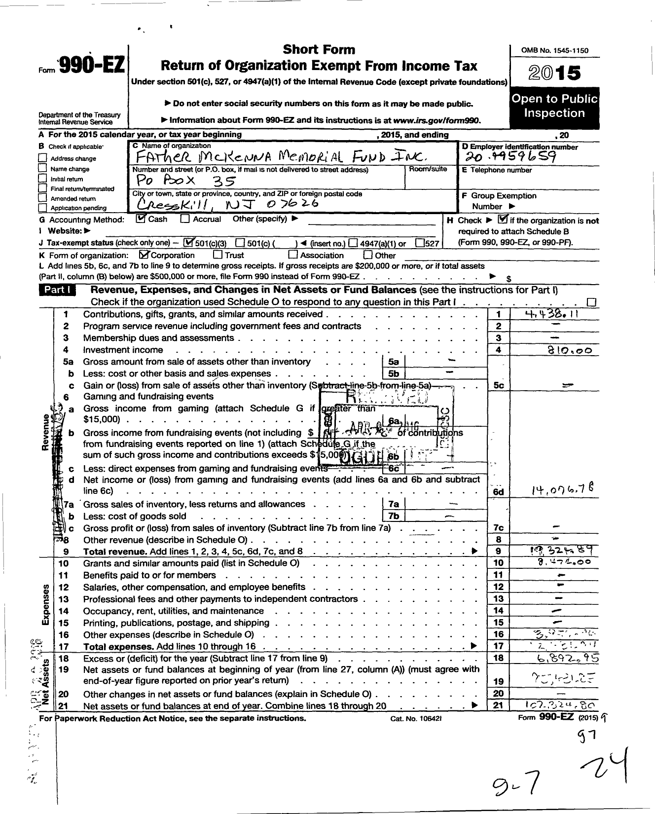 Image of first page of 2015 Form 990EZ for Father Mckenna Memorial Fund Incorporated