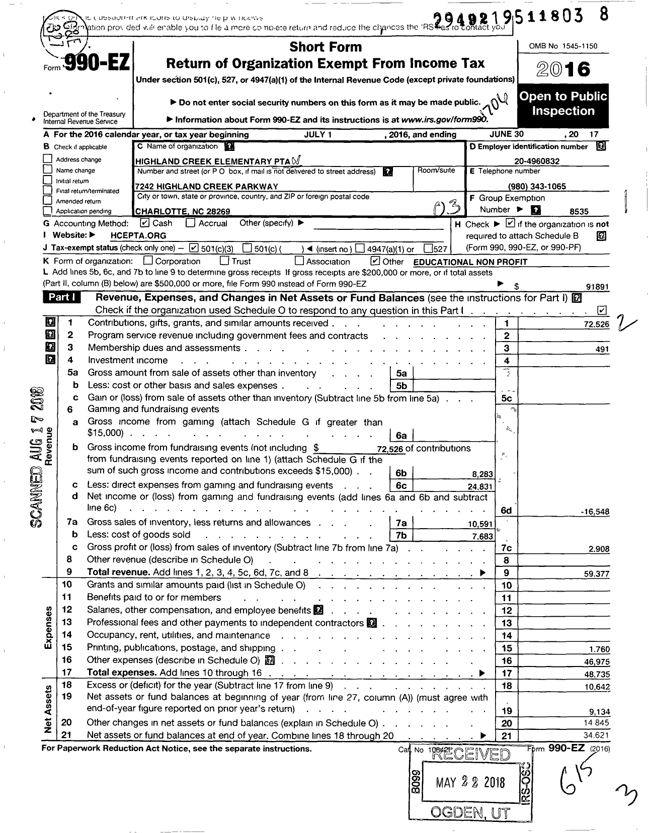 Image of first page of 2016 Form 990EZ for North Carolina PTA - Highland Creek Elementary School PT