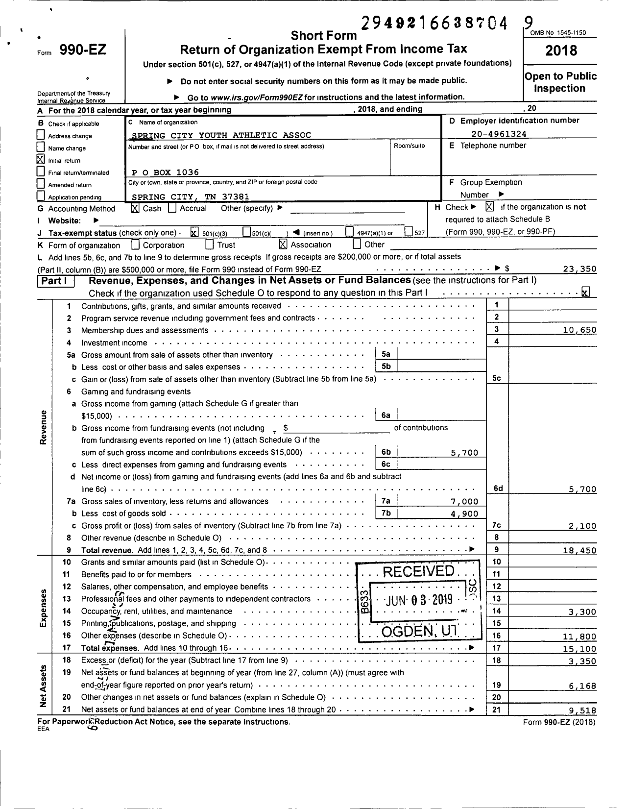 Image of first page of 2018 Form 990EZ for Spring City Youth Athletic Association