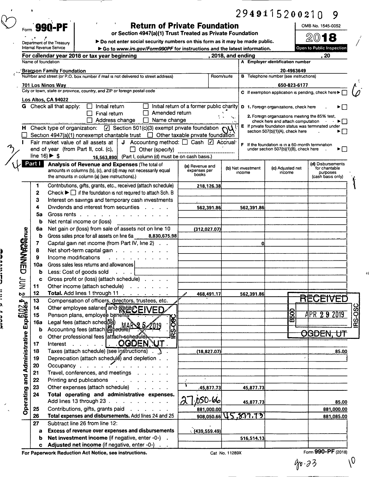 Image of first page of 2018 Form 990PF for Branson Family Foundation