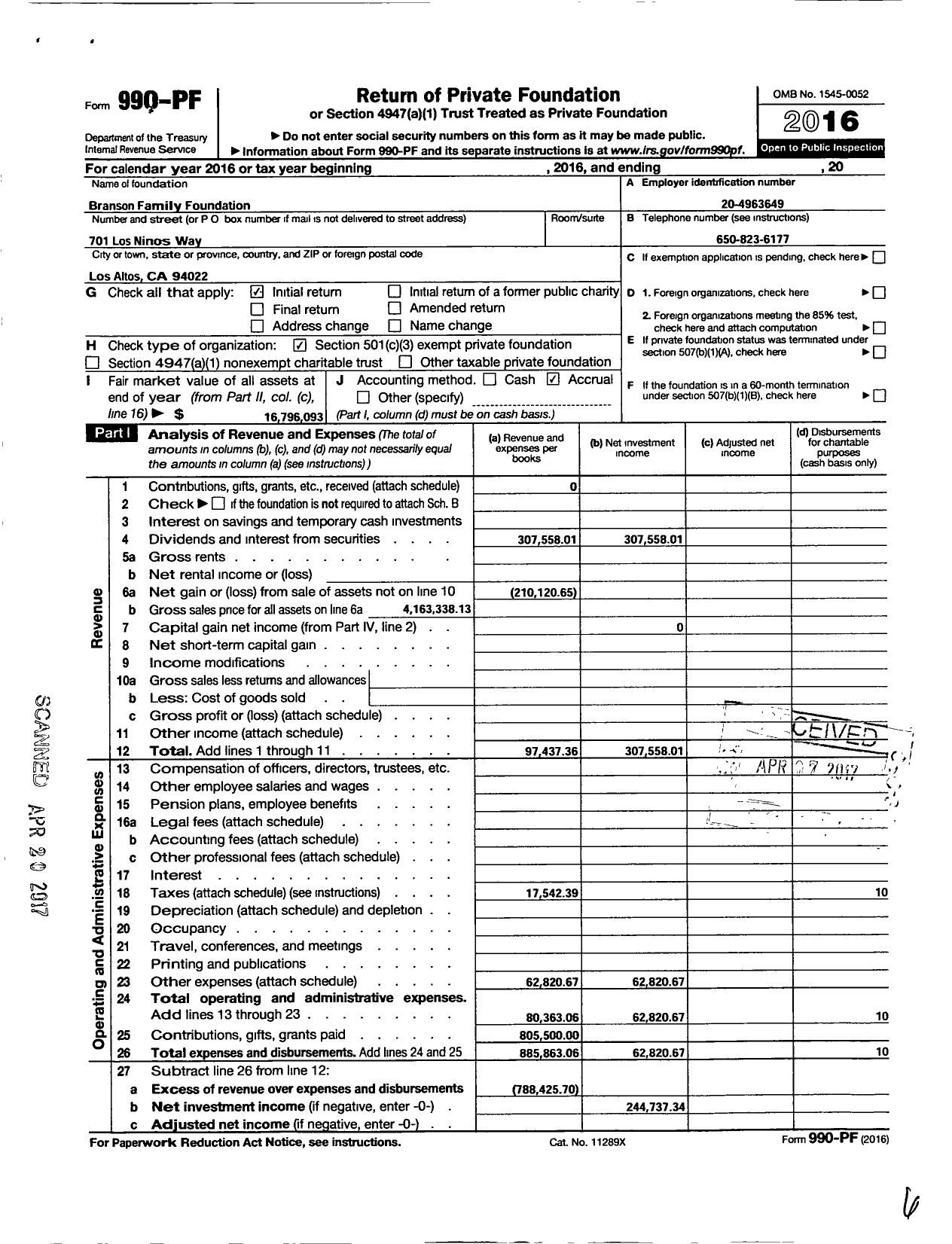 Image of first page of 2016 Form 990PF for Branson Family Foundation