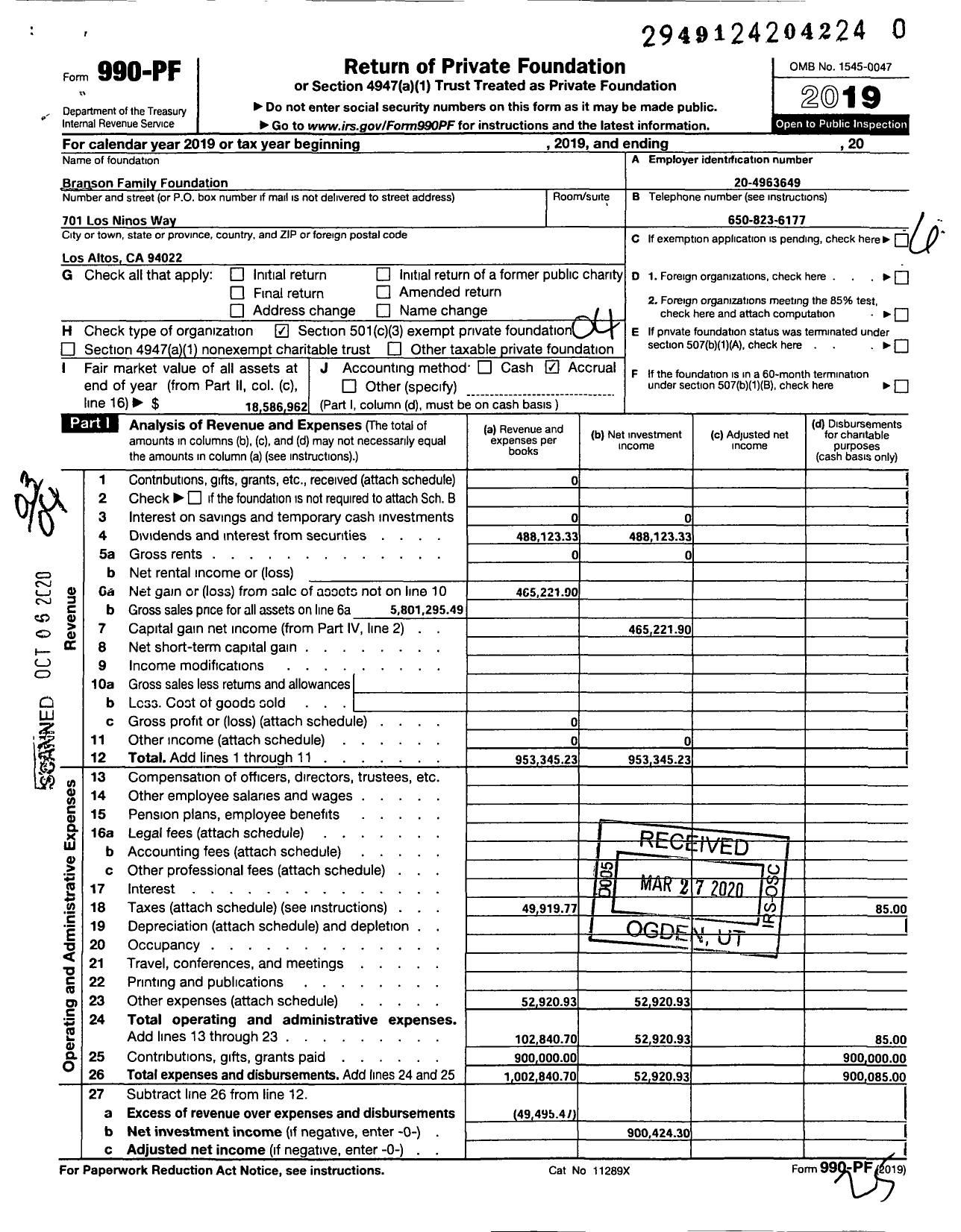 Image of first page of 2019 Form 990PR for Branson Family Foundation
