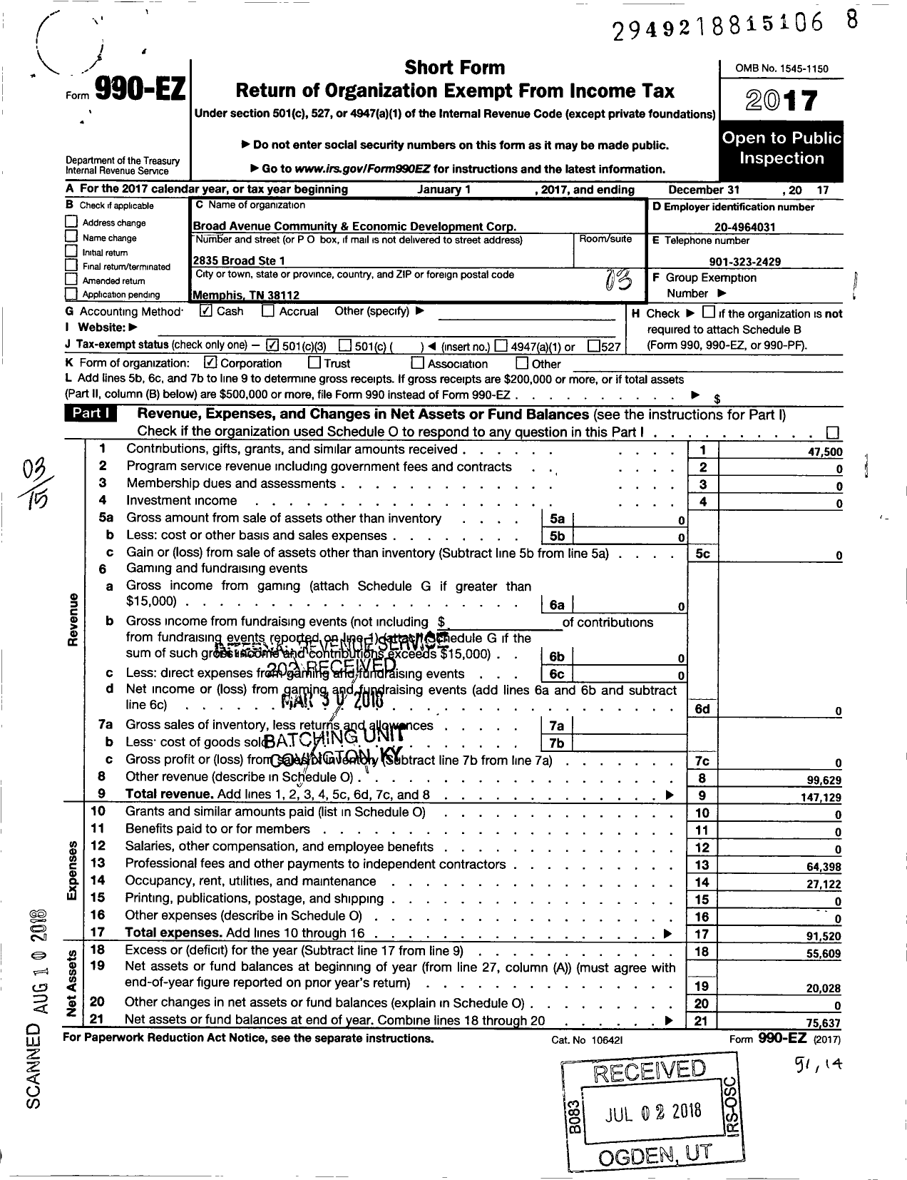 Image of first page of 2017 Form 990EZ for Broad Avenue Community and Development Corporation