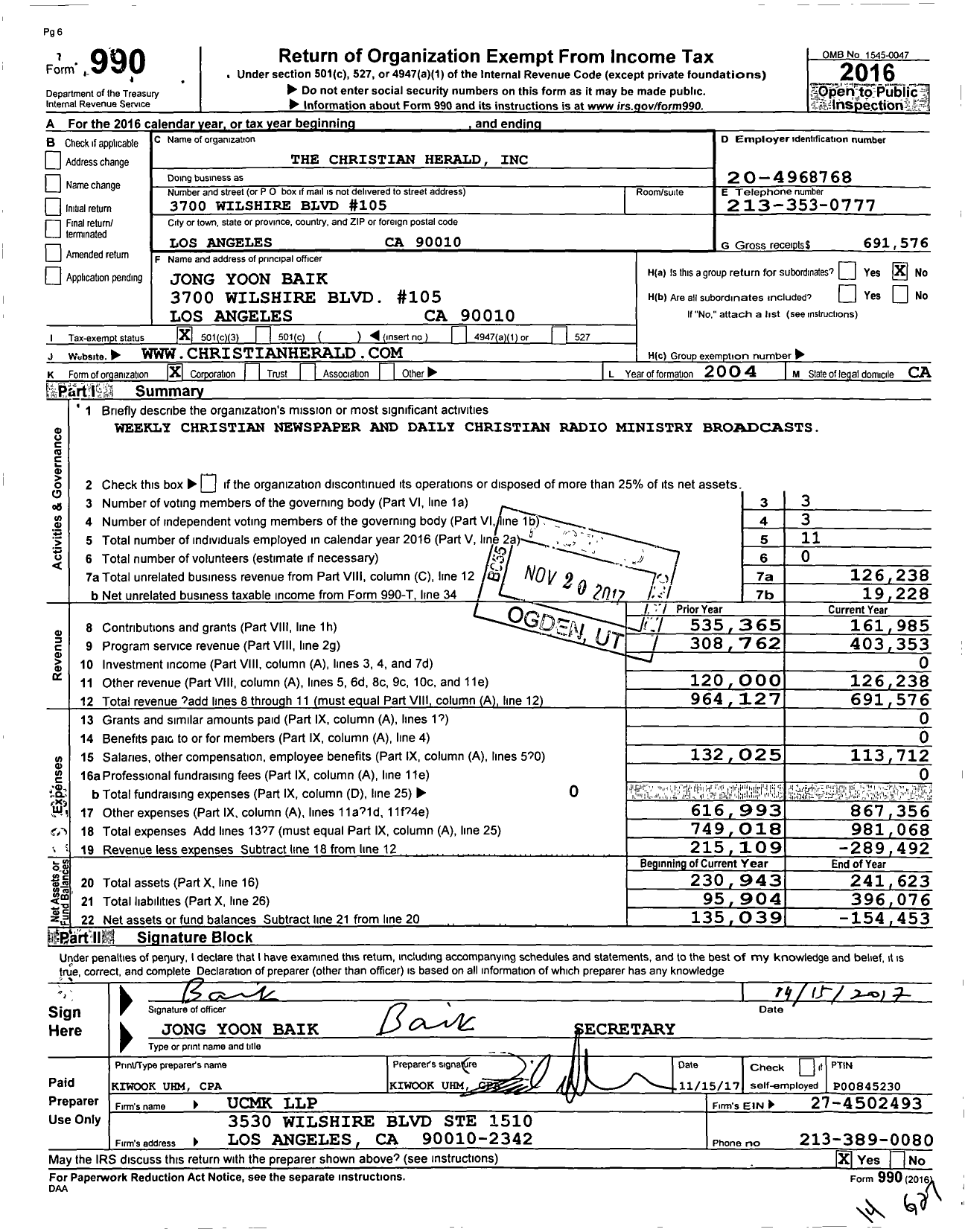 Image of first page of 2016 Form 990 for The Christian Herald