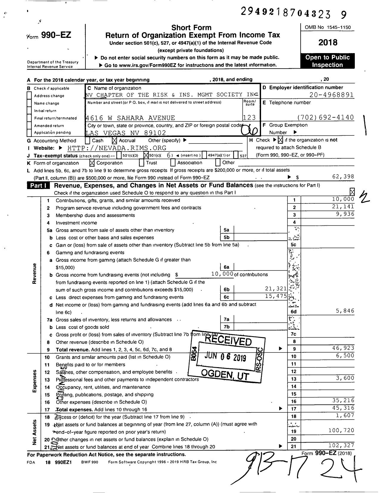 Image of first page of 2018 Form 990EO for Nevada Chapter of the Risk and Insurance MGMT Society