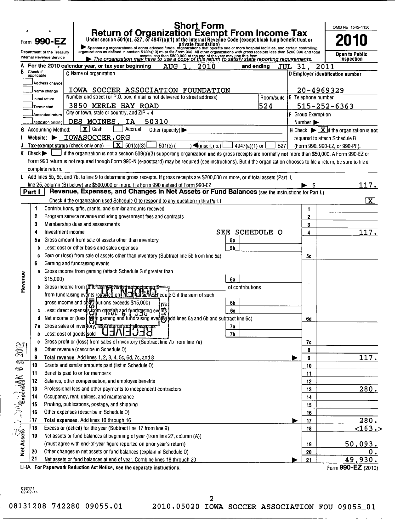 Image of first page of 2010 Form 990EZ for Iowa Soccer Association Foundation