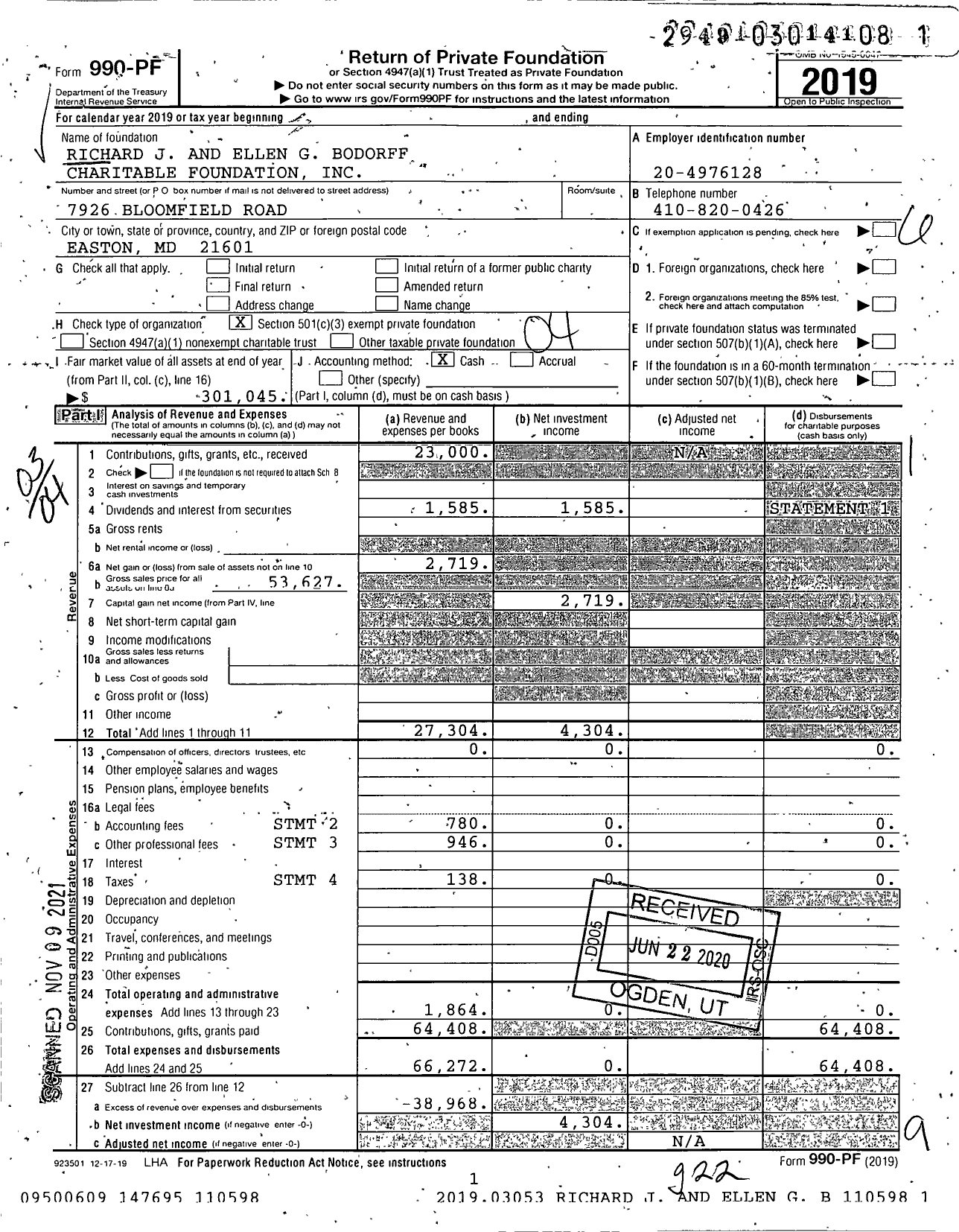 Image of first page of 2019 Form 990PF for Richard J and Ellen G Bodorff Charitable Foundation
