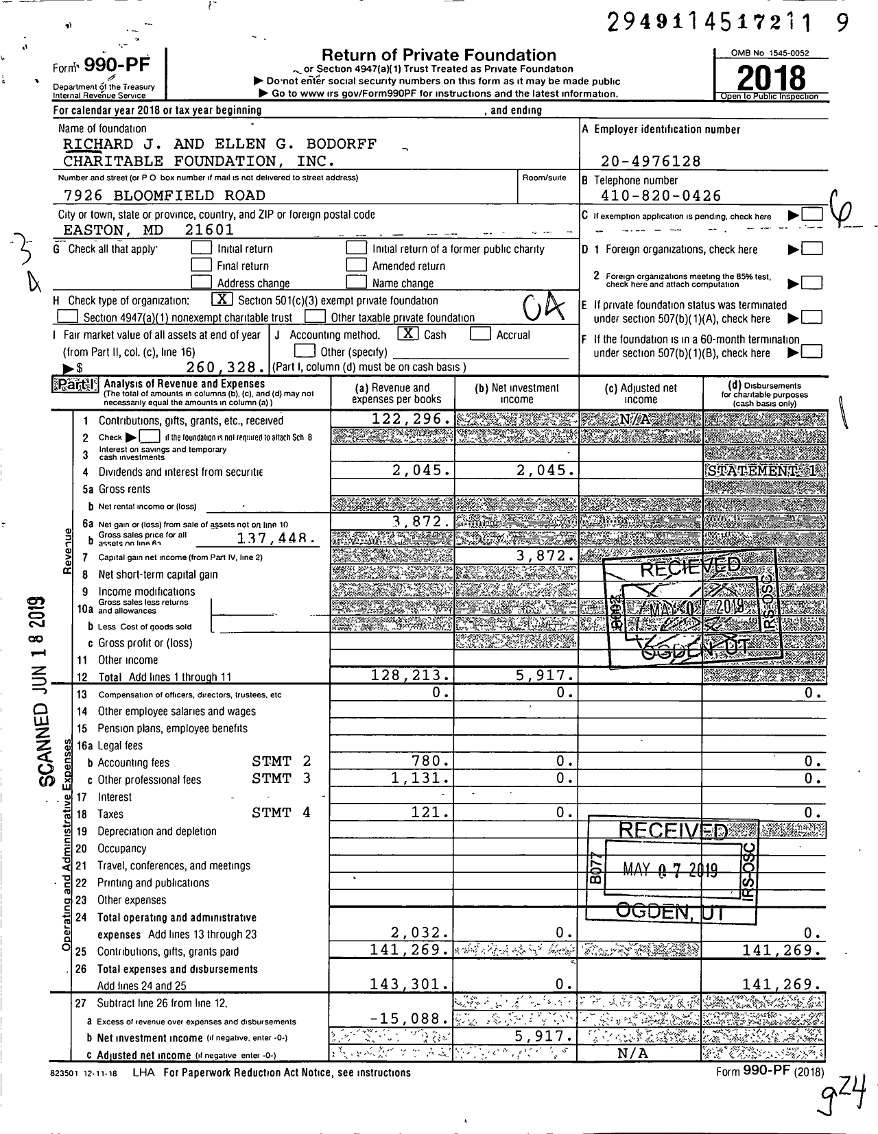 Image of first page of 2018 Form 990PF for Richard J and Ellen G Bodorff Charitable Foundation