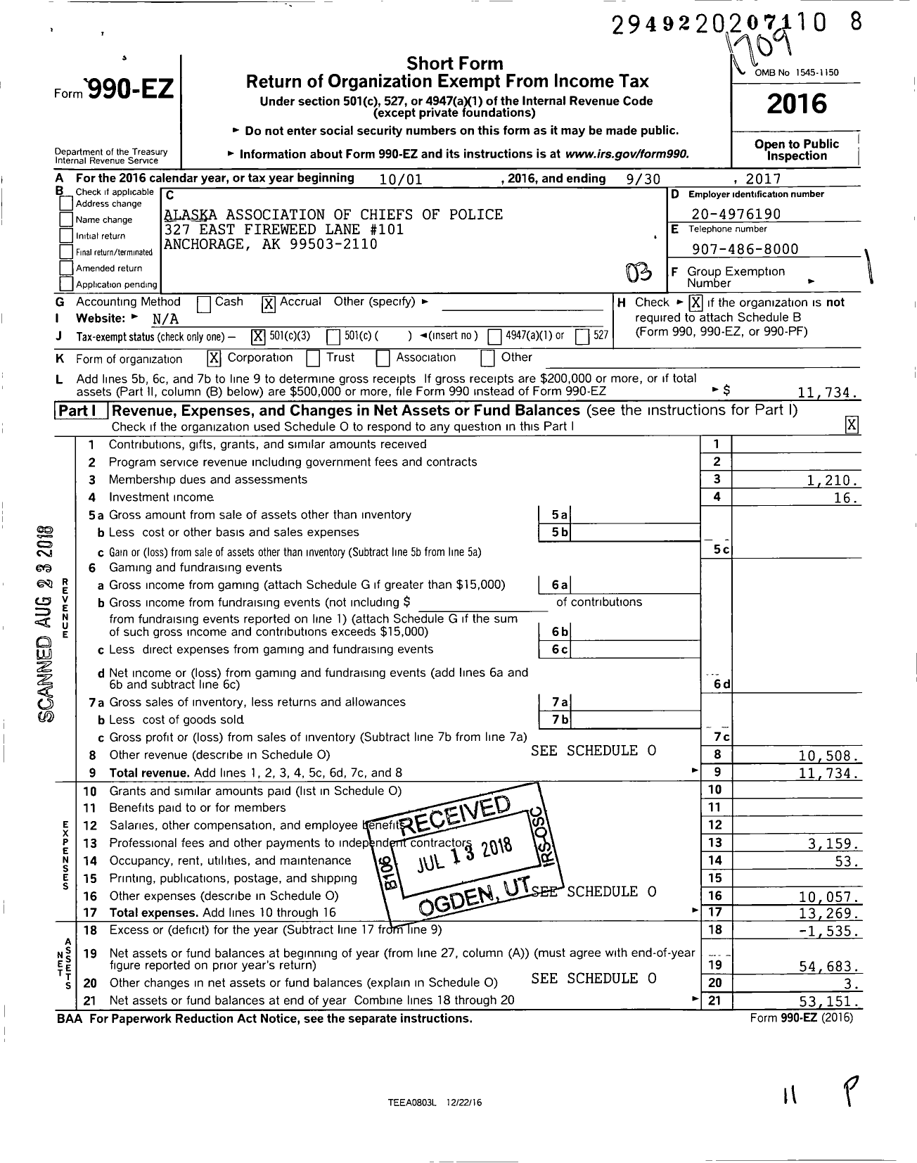 Image of first page of 2016 Form 990EZ for Alaska Association of Chiefs of Police Tim Putney