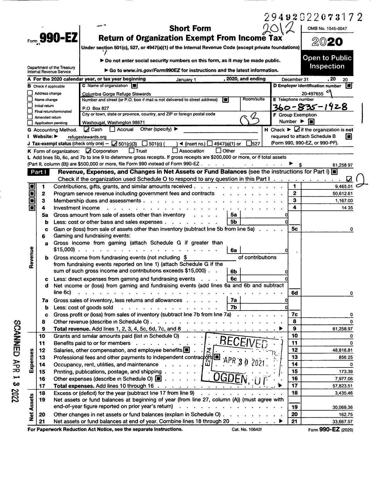 Image of first page of 2020 Form 990EZ for Columbia Gorge Refuge Stewards