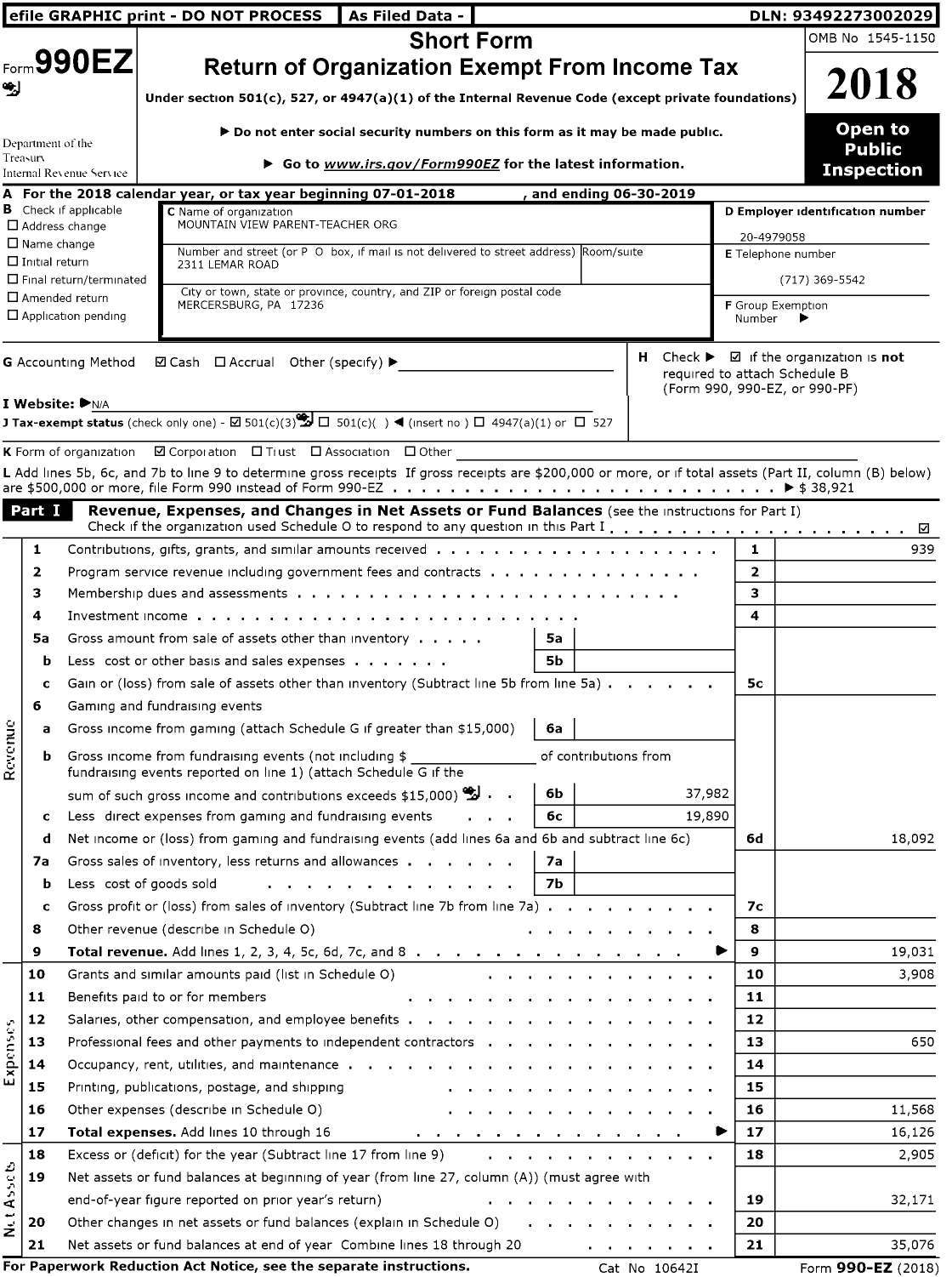 Image of first page of 2018 Form 990EZ for Mountain View Parent-Teacher Organization
