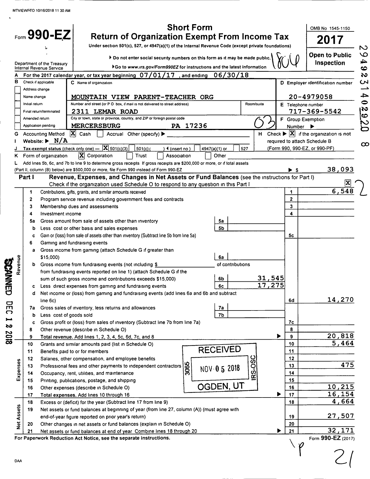 Image of first page of 2017 Form 990EZ for Mountain View Parent-Teacher Organization