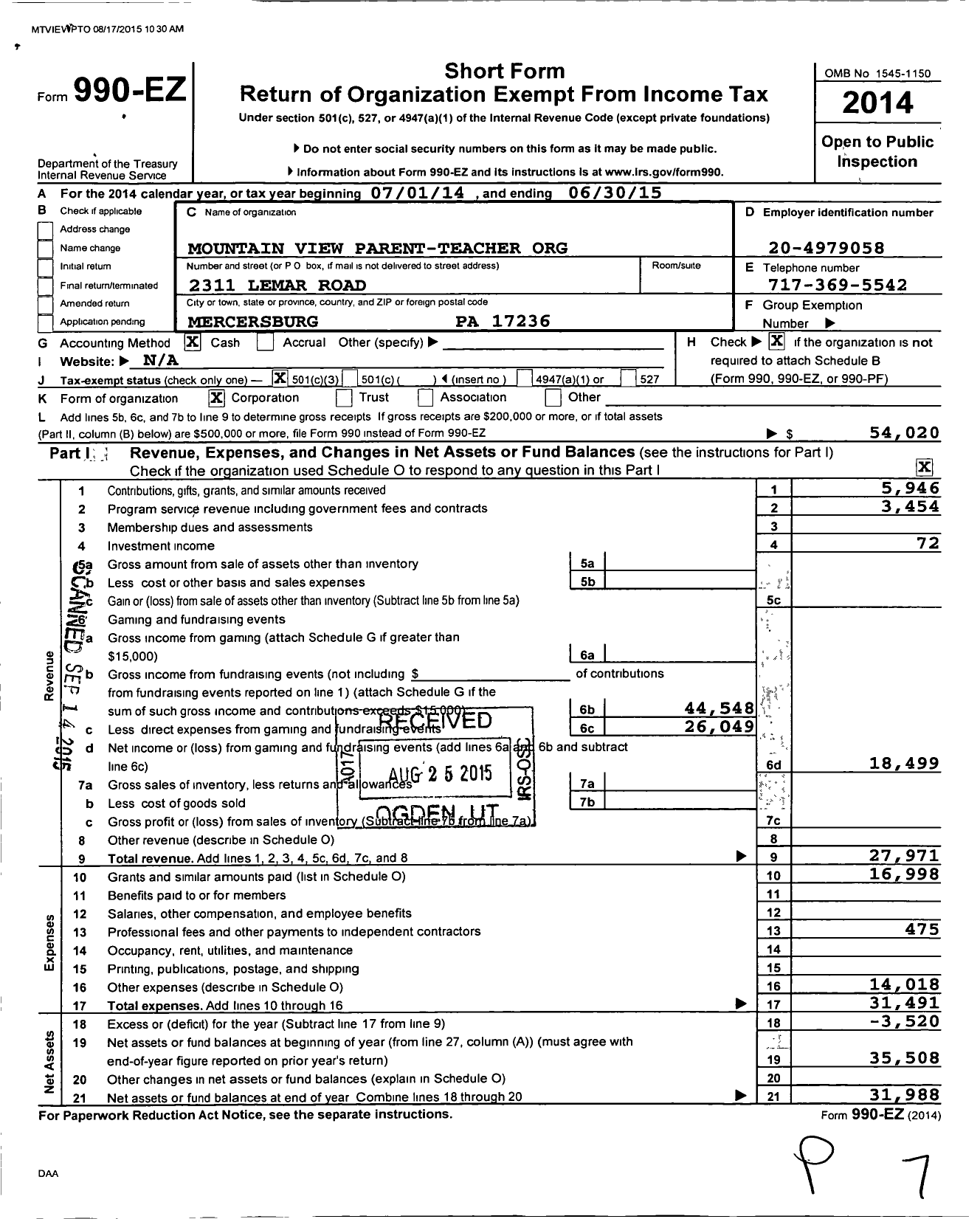 Image of first page of 2014 Form 990EZ for Mountain View Parent-Teacher Organization
