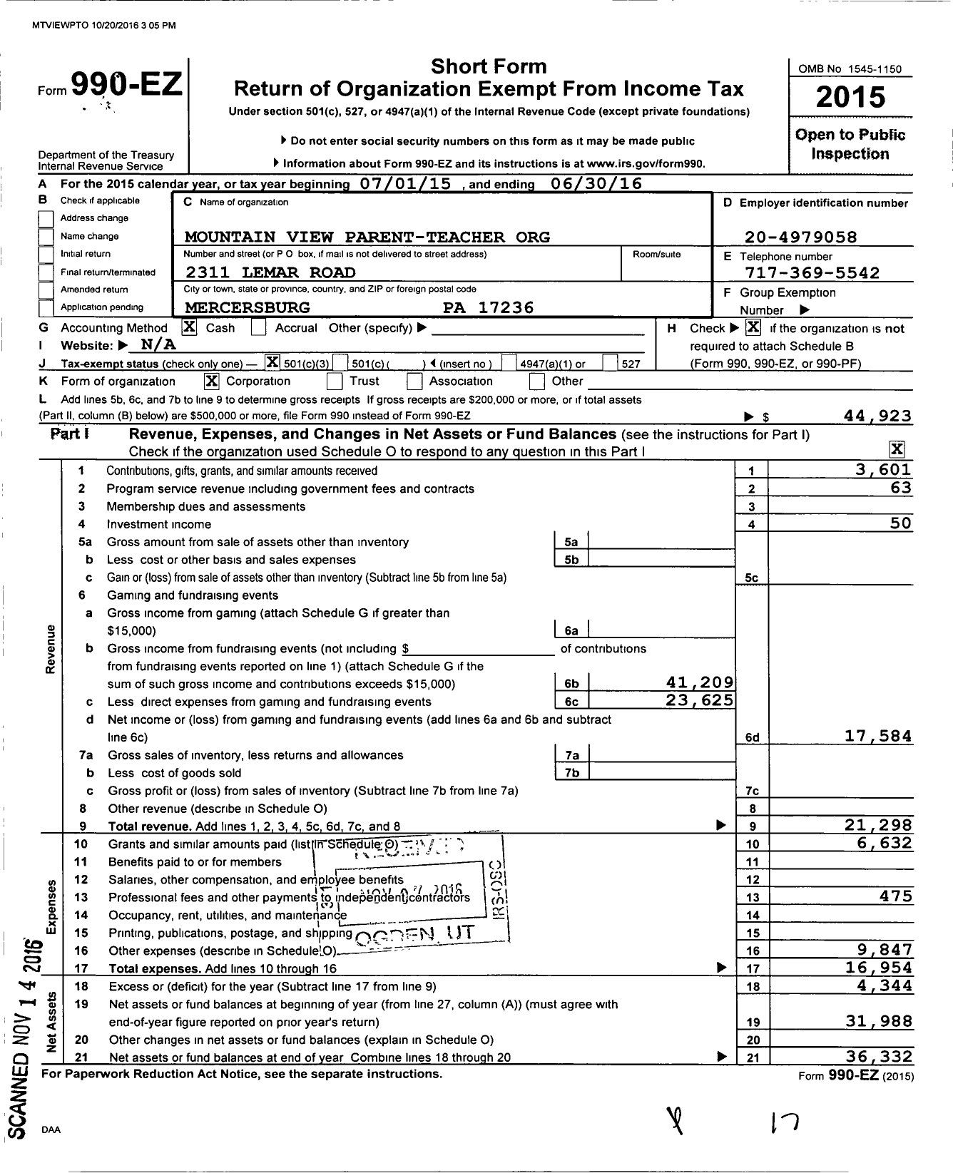 Image of first page of 2015 Form 990EZ for Mountain View Parent-Teacher Organization