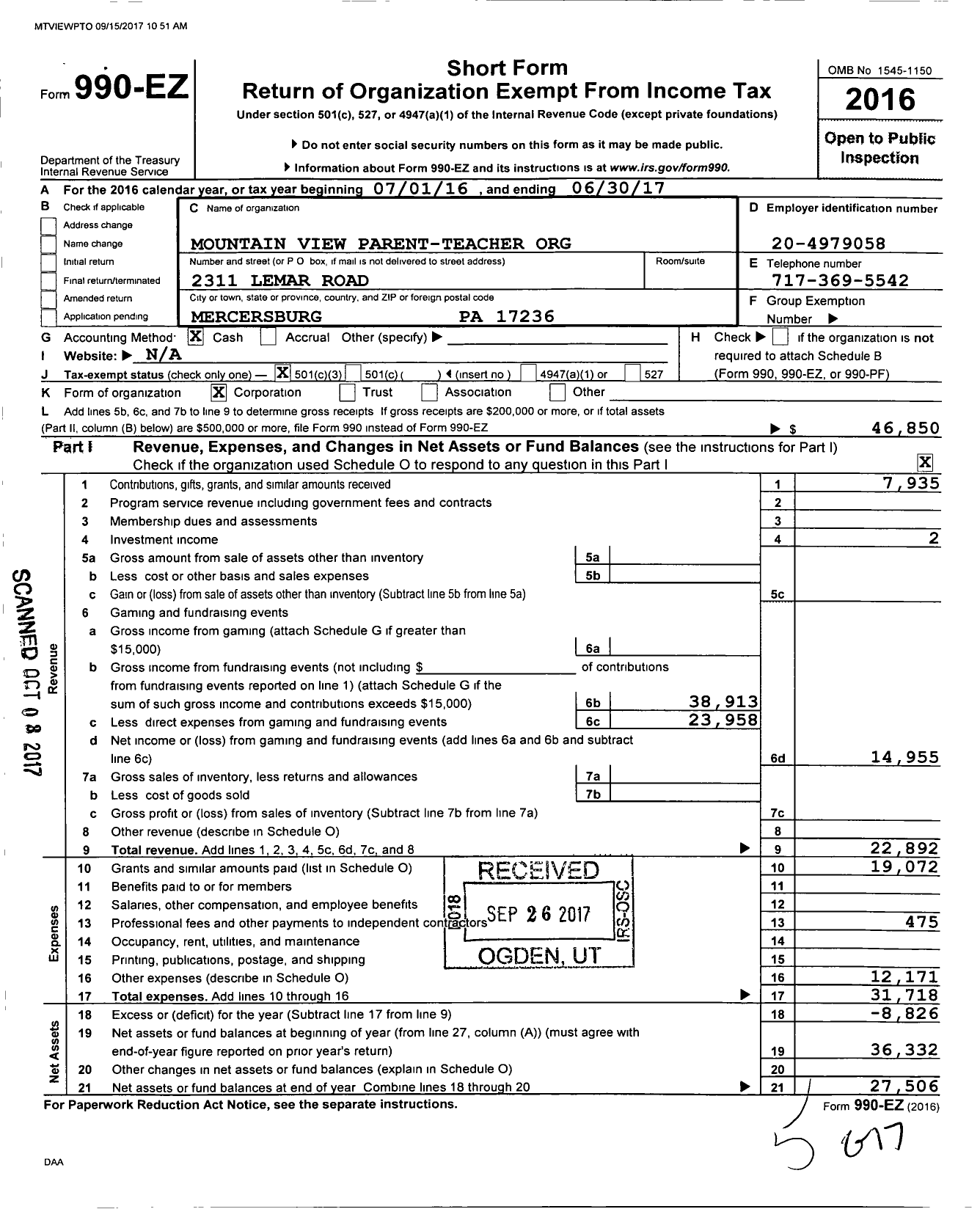 Image of first page of 2016 Form 990EZ for Mountain View Parent-Teacher Organization