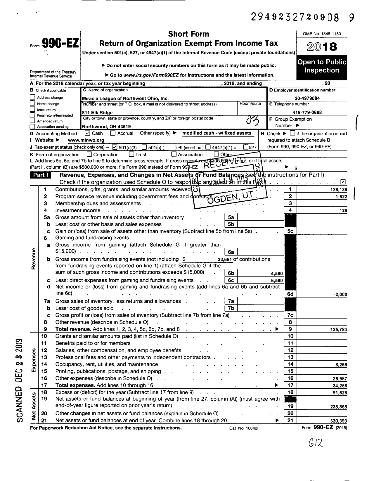 Image of first page of 2018 Form 990EZ for Miracle League of Northwest Ohio