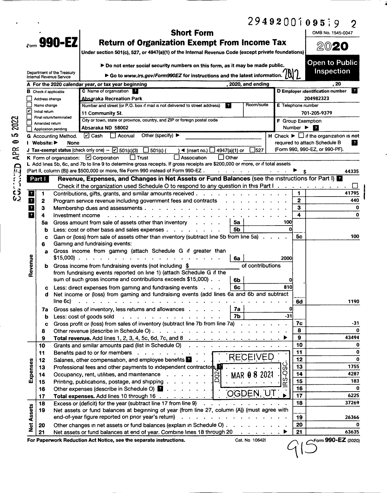 Image of first page of 2020 Form 990EZ for Absaraka Recreation Park