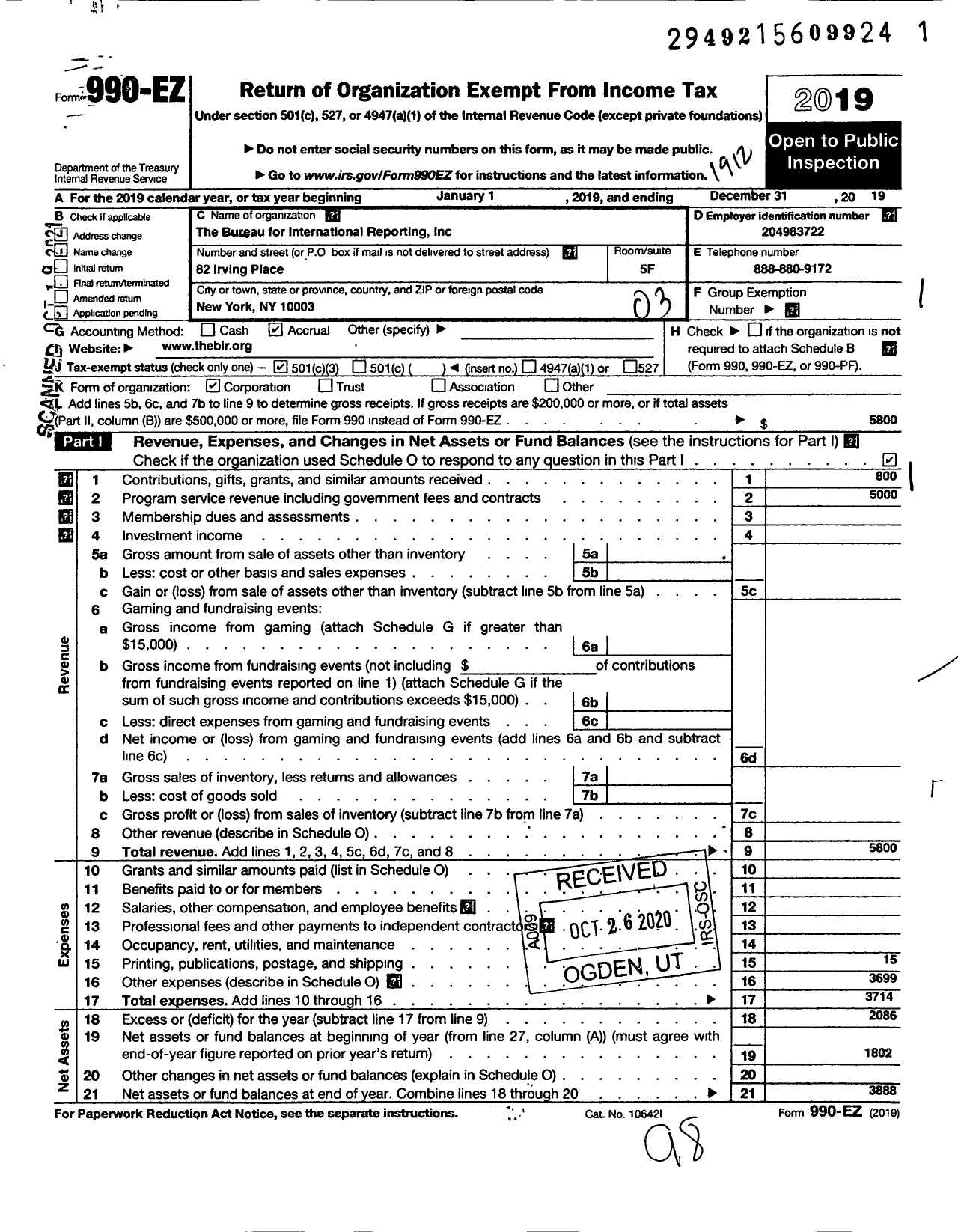 Image of first page of 2019 Form 990EZ for Bureau for International Reporting