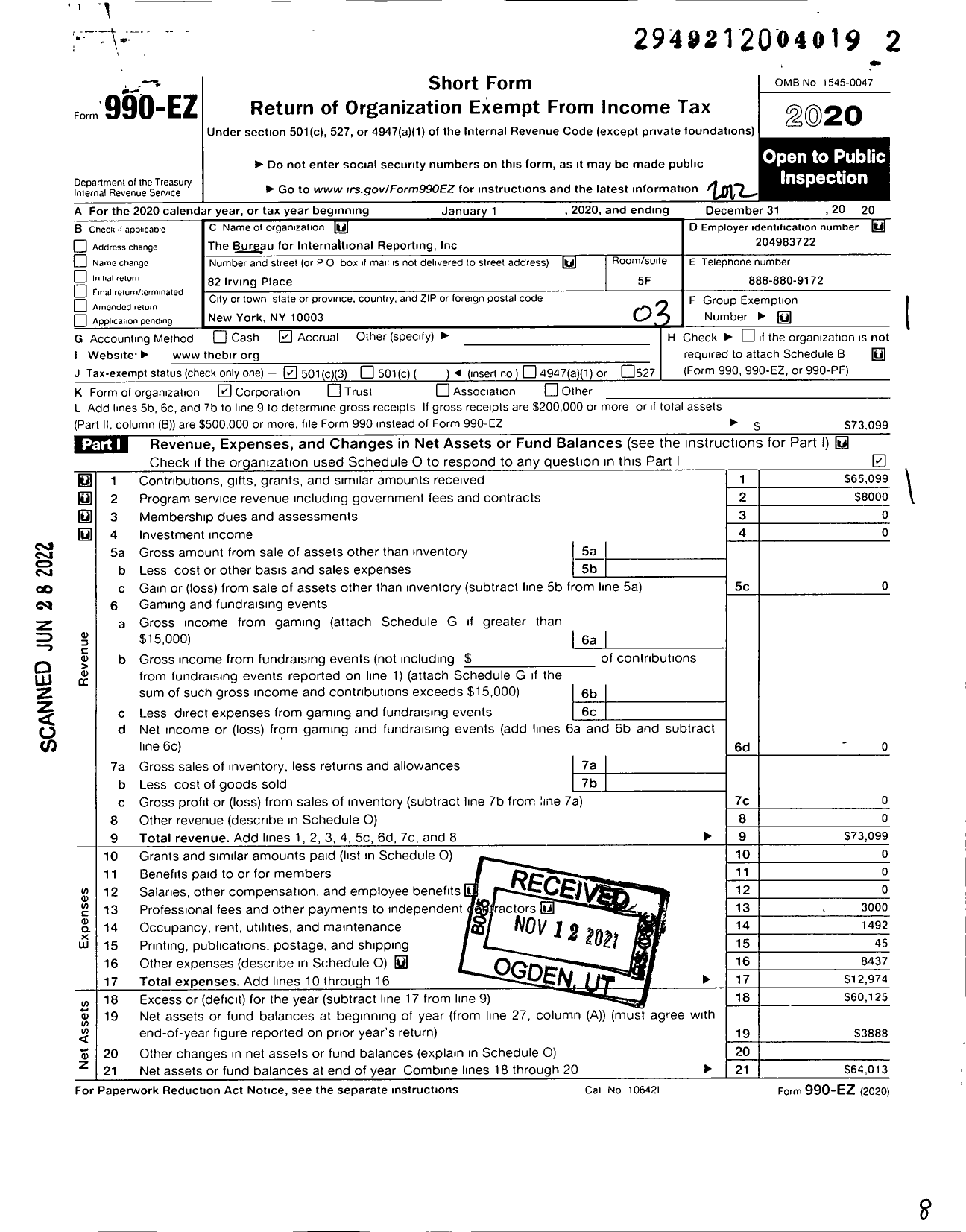 Image of first page of 2020 Form 990EZ for Bureau for International Reporting