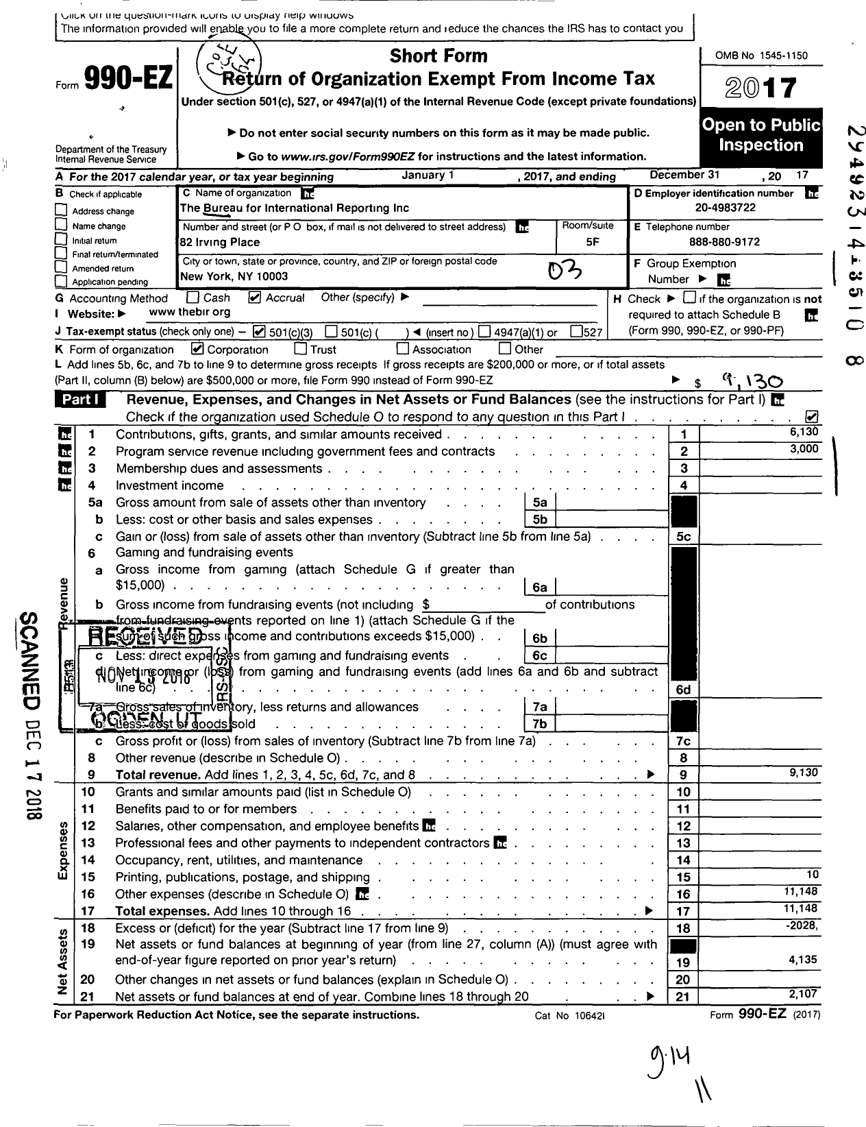 Image of first page of 2017 Form 990 for Bureau for International Reporting