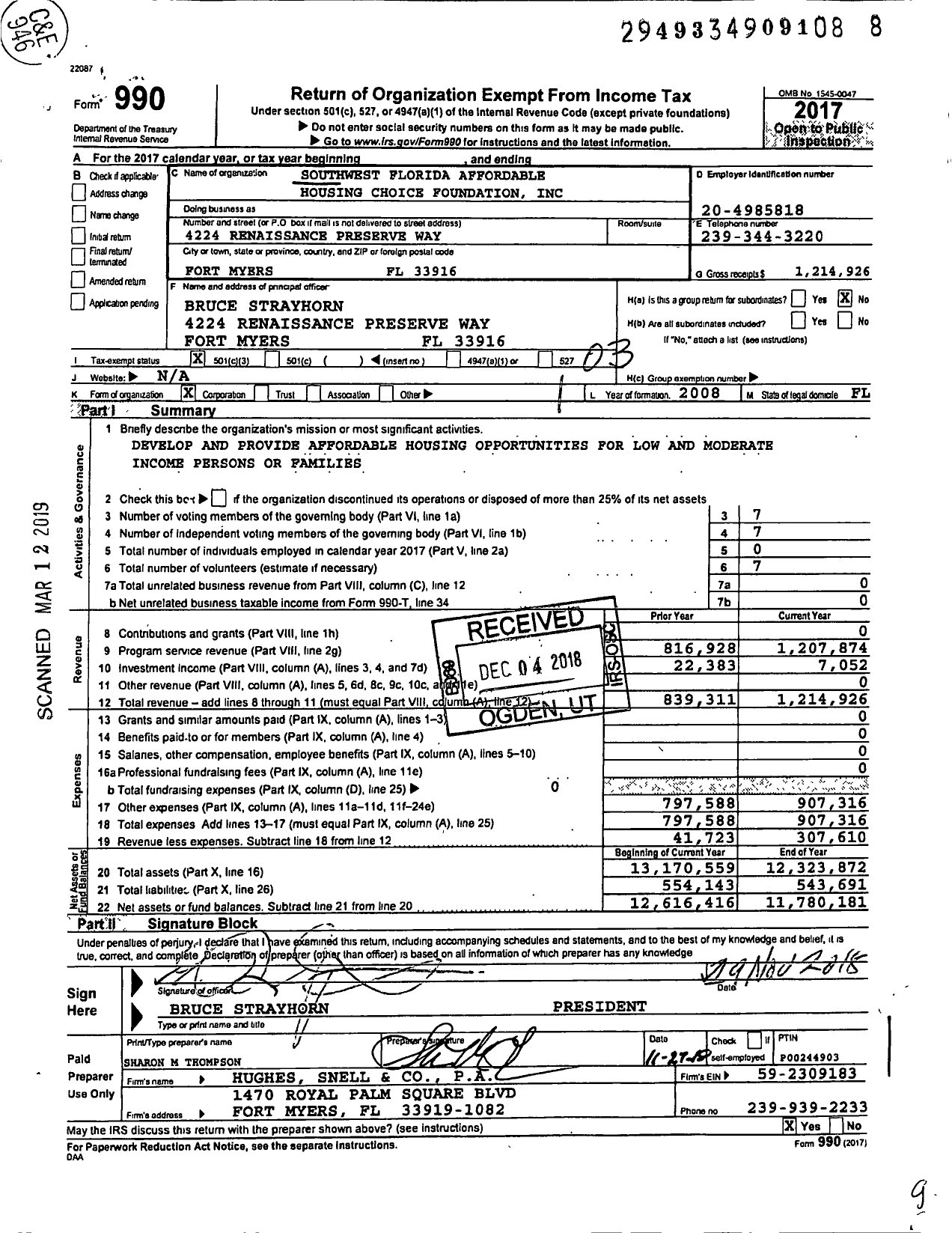Image of first page of 2017 Form 990 for SW Florida Housing Foundation