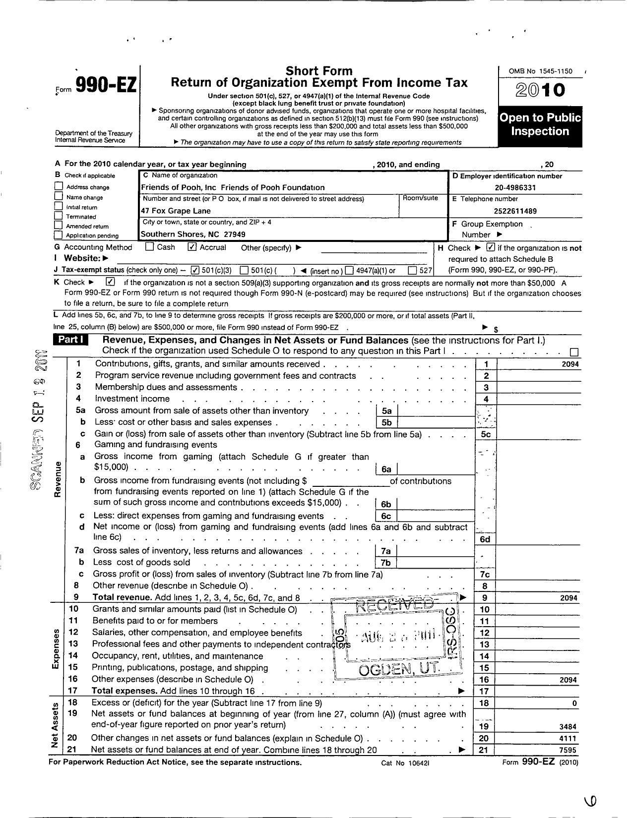 Image of first page of 2010 Form 990EZ for Friends of Pooh