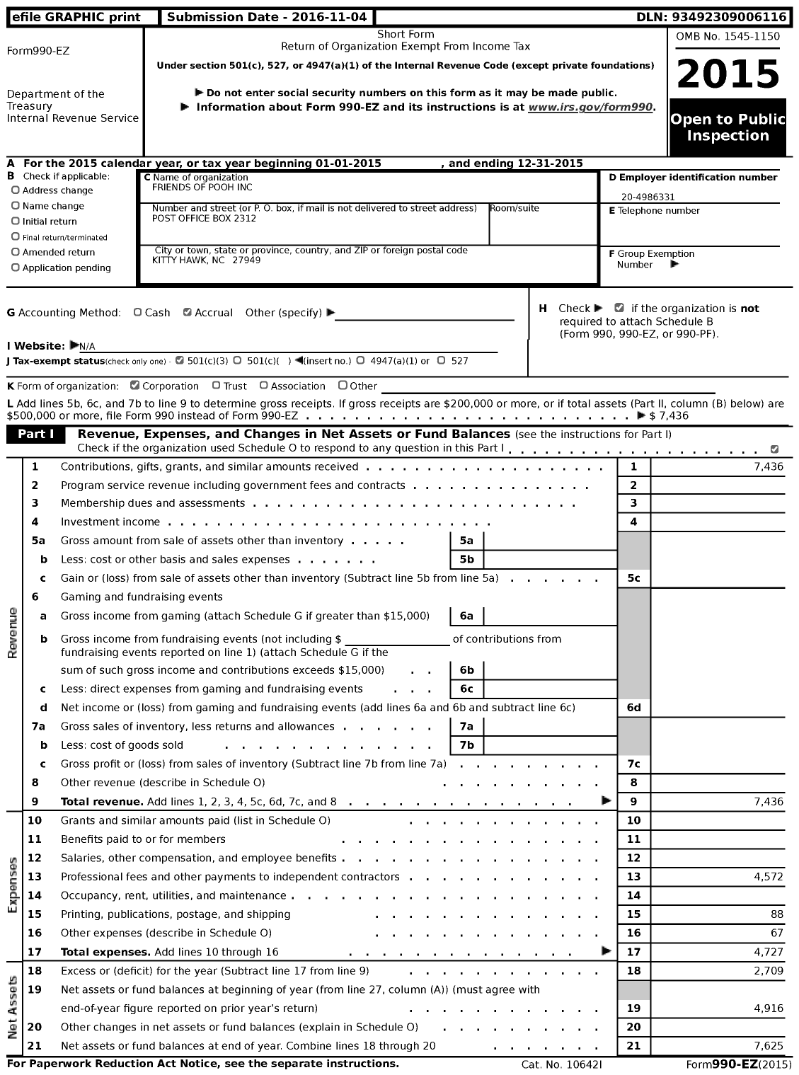 Image of first page of 2015 Form 990EZ for Friends of Pooh