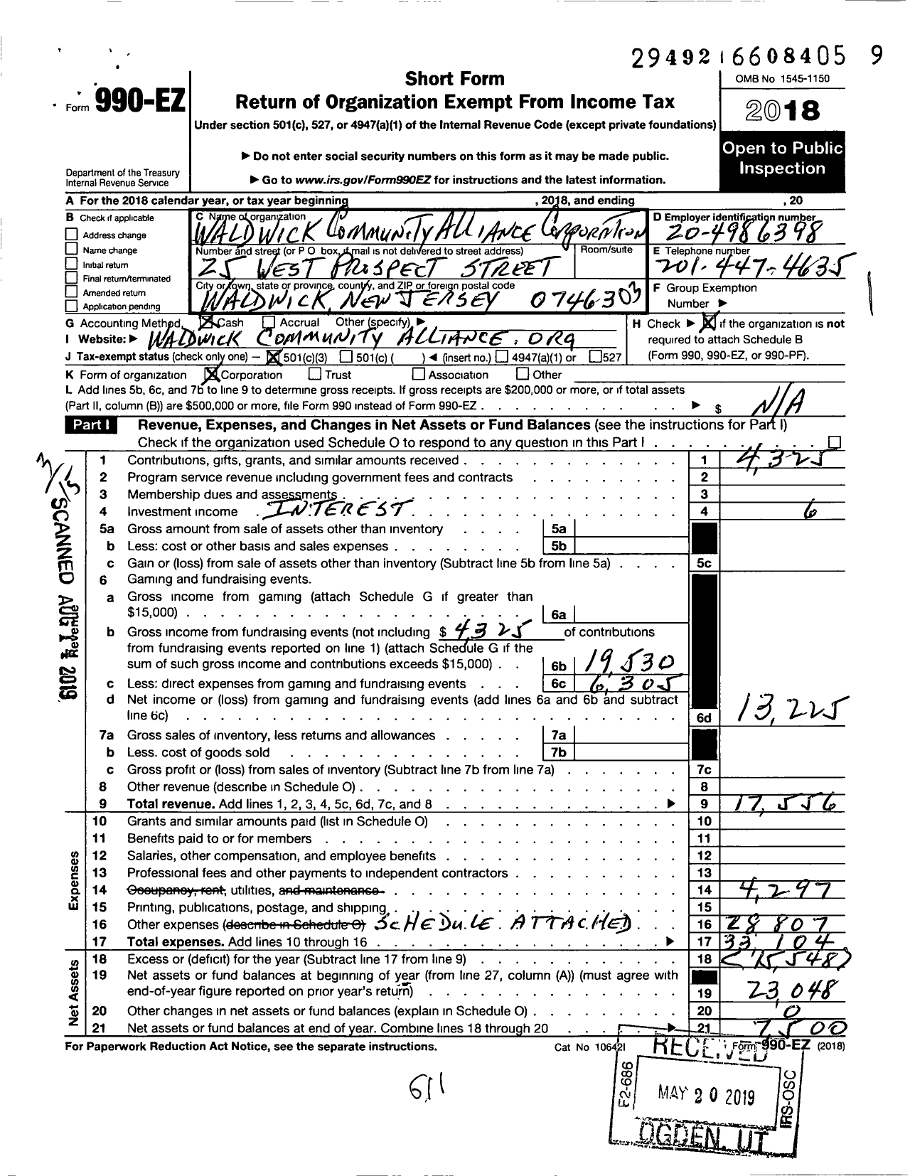 Image of first page of 2018 Form 990EZ for Waldwick Community Alliance