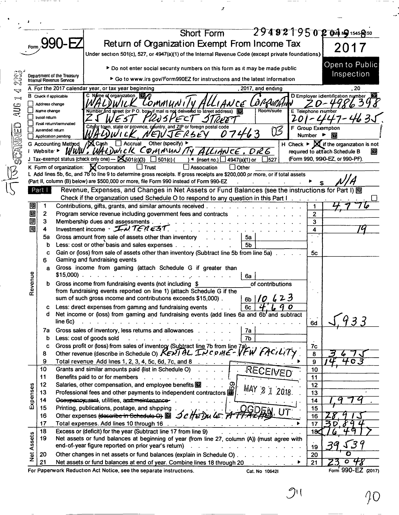 Image of first page of 2017 Form 990EZ for Waldwick Community Alliance