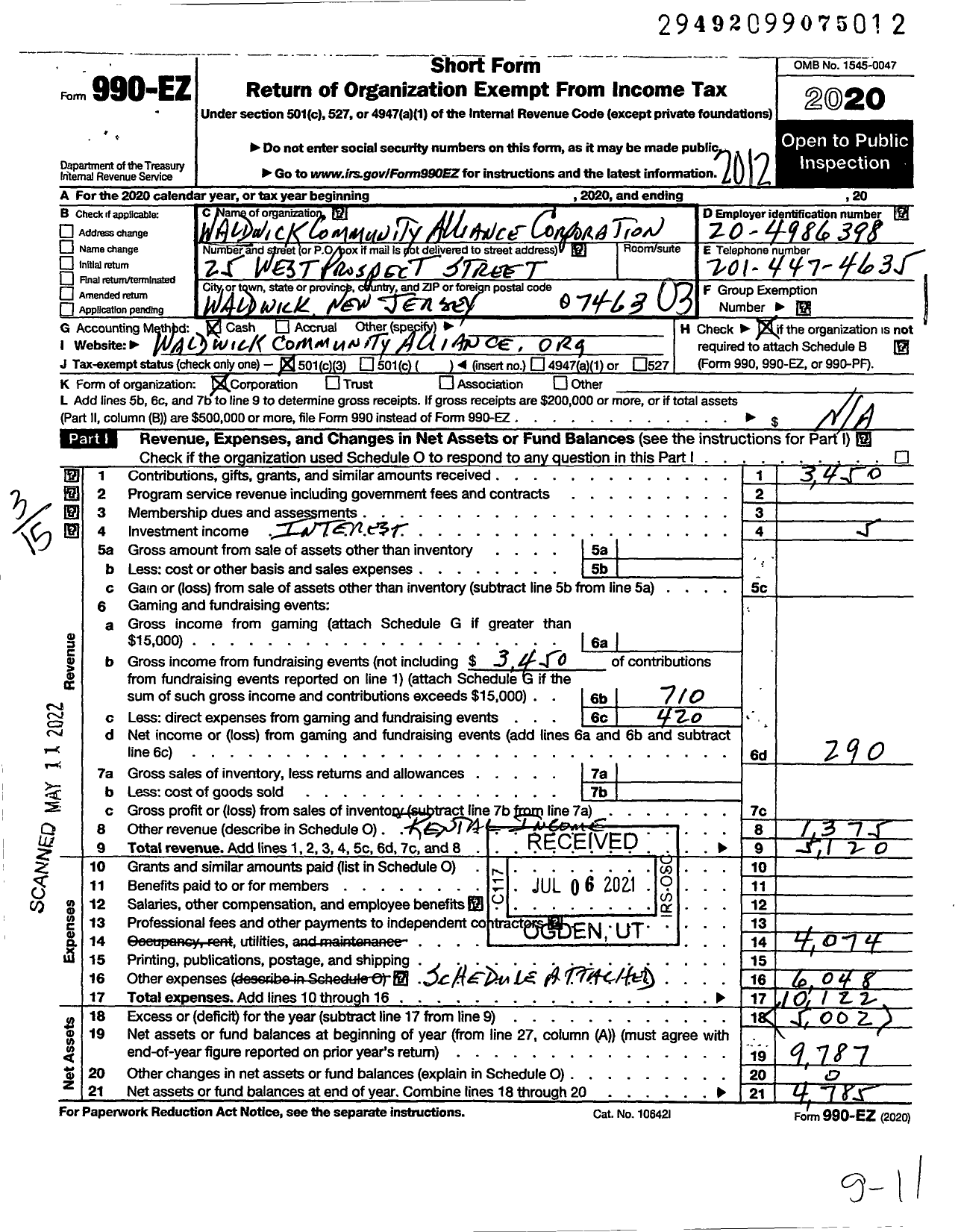 Image of first page of 2020 Form 990EZ for Waldwick Community Alliance