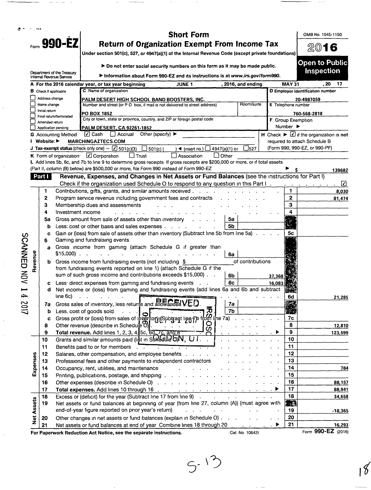 Image of first page of 2016 Form 990EZ for Palm Desert High School Band Boosters