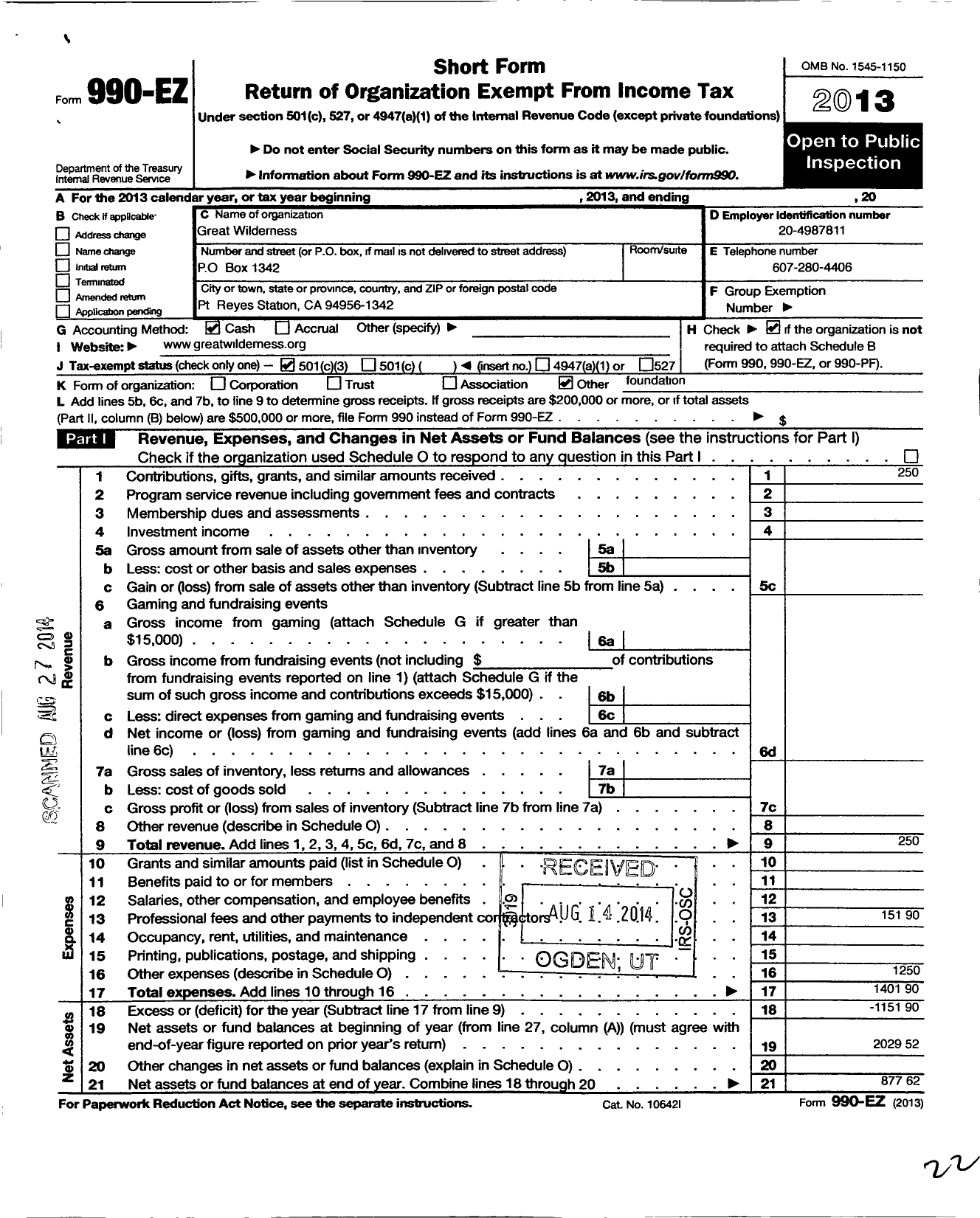 Image of first page of 2013 Form 990EZ for Great Wilderness