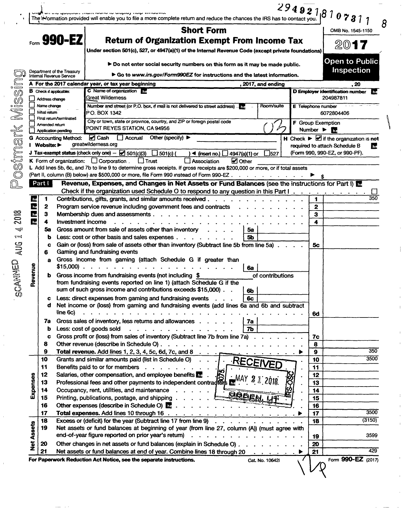 Image of first page of 2017 Form 990EZ for Great Wilderness