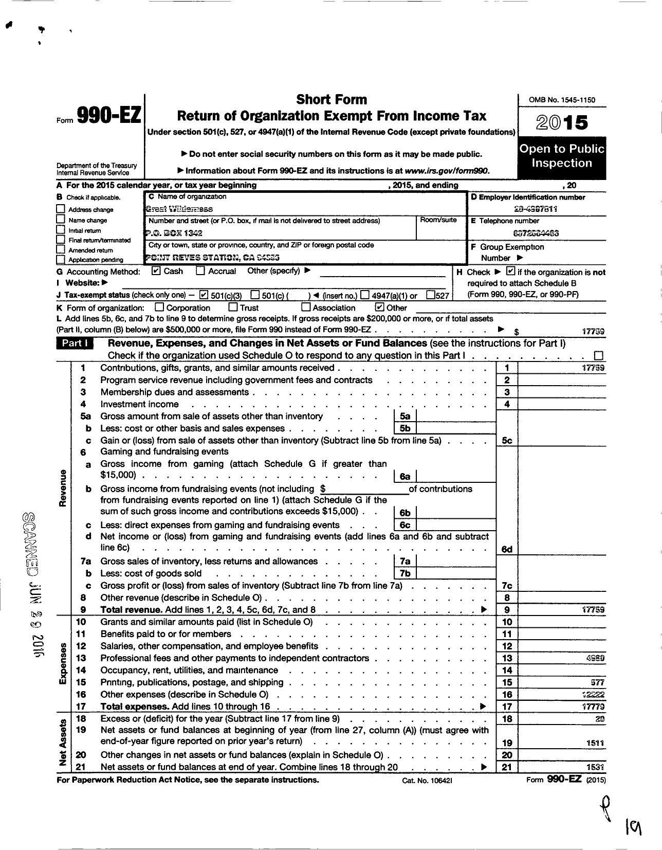 Image of first page of 2015 Form 990EZ for Great Wilderness