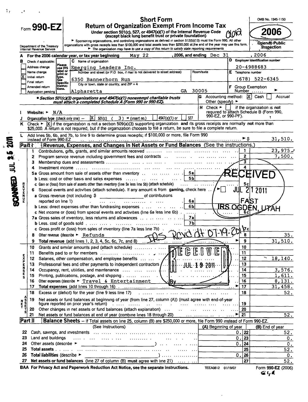 Image of first page of 2006 Form 990EZ for Emerging Leaders