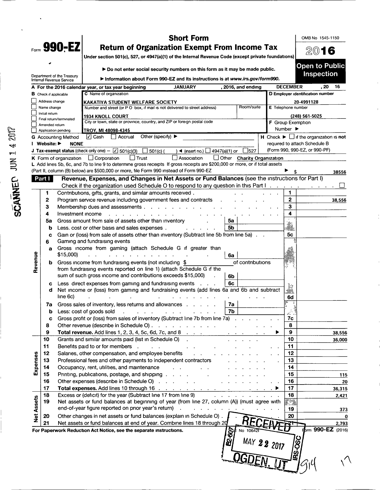 Image of first page of 2016 Form 990EZ for Kakatiya Student Welfare Society