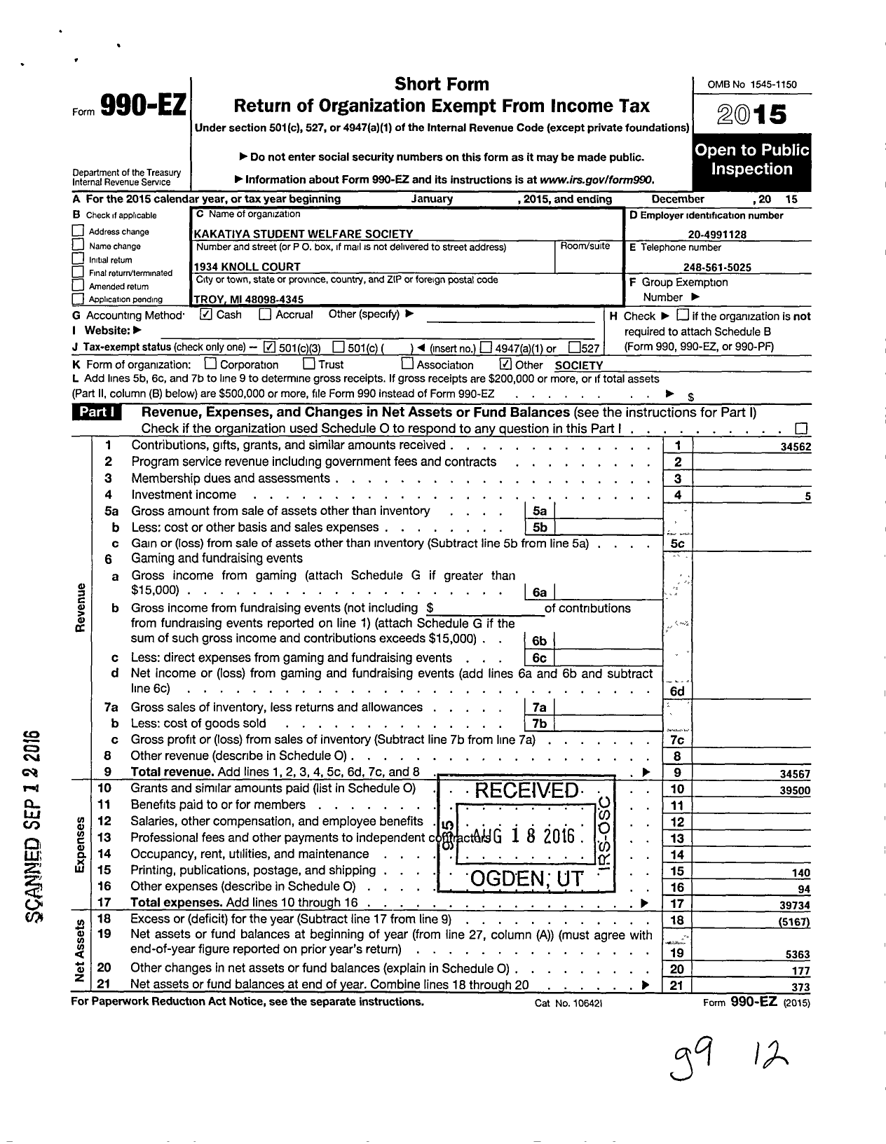 Image of first page of 2015 Form 990EZ for Kakatiya Student Welfare Society