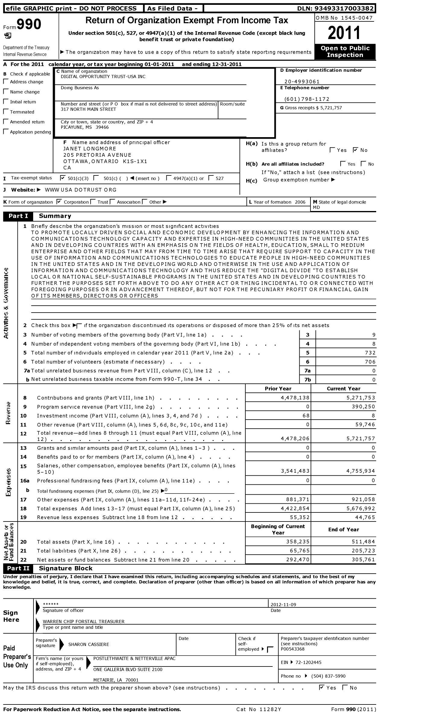 Image of first page of 2011 Form 990 for Digital Opportunity Trust-Usa