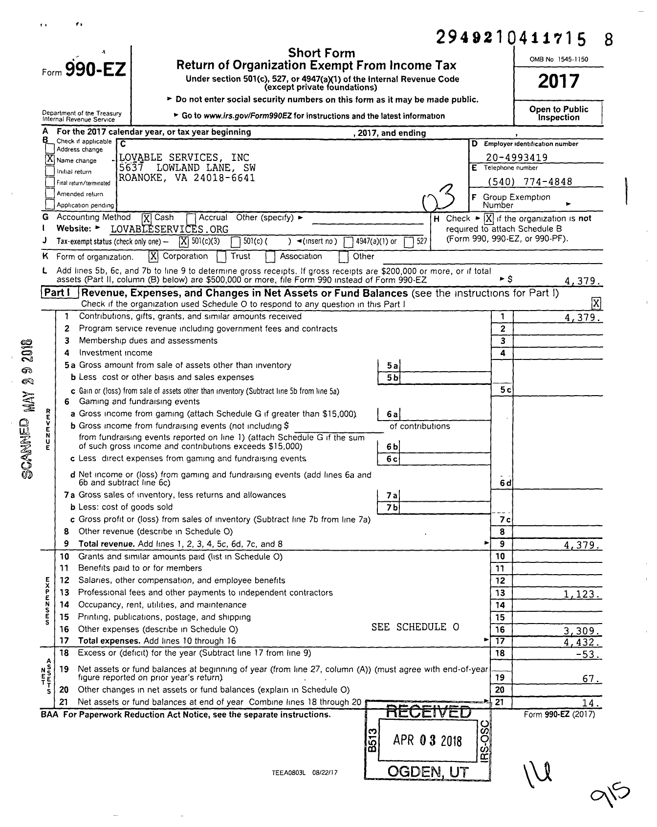 Image of first page of 2017 Form 990EZ for Lovable Services