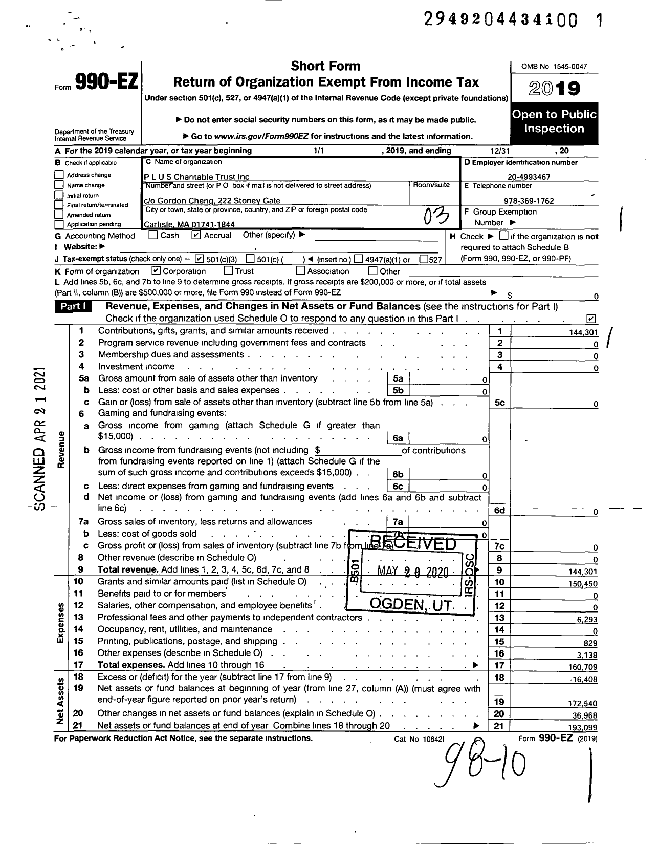 Image of first page of 2019 Form 990EZ for P L U S Charitable Trust