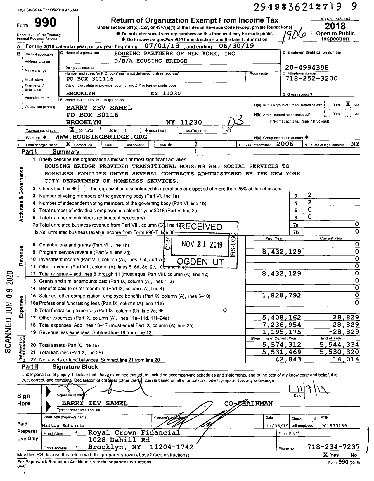 Image of first page of 2018 Form 990 for Housing Bridge