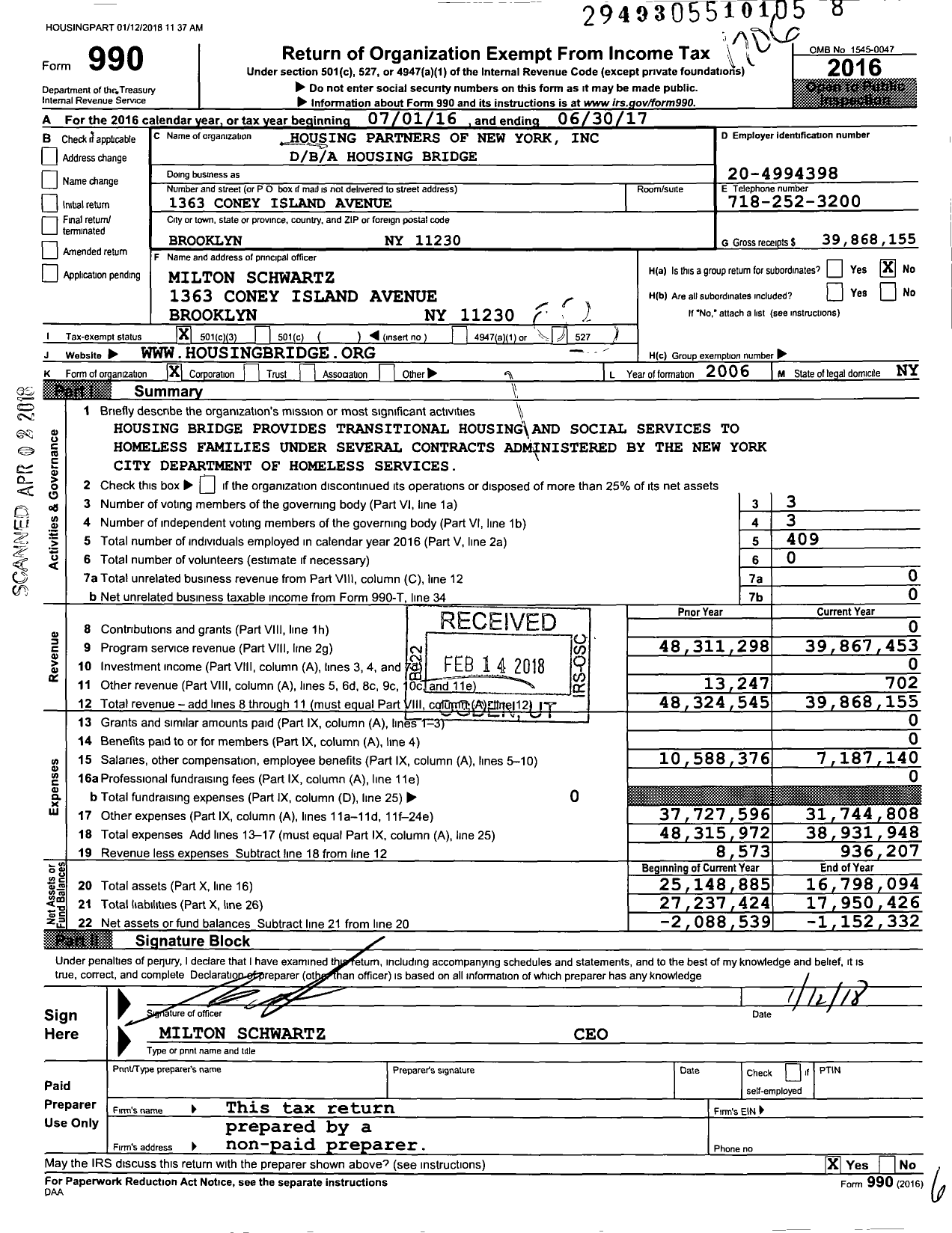 Image of first page of 2016 Form 990 for Housing Bridge