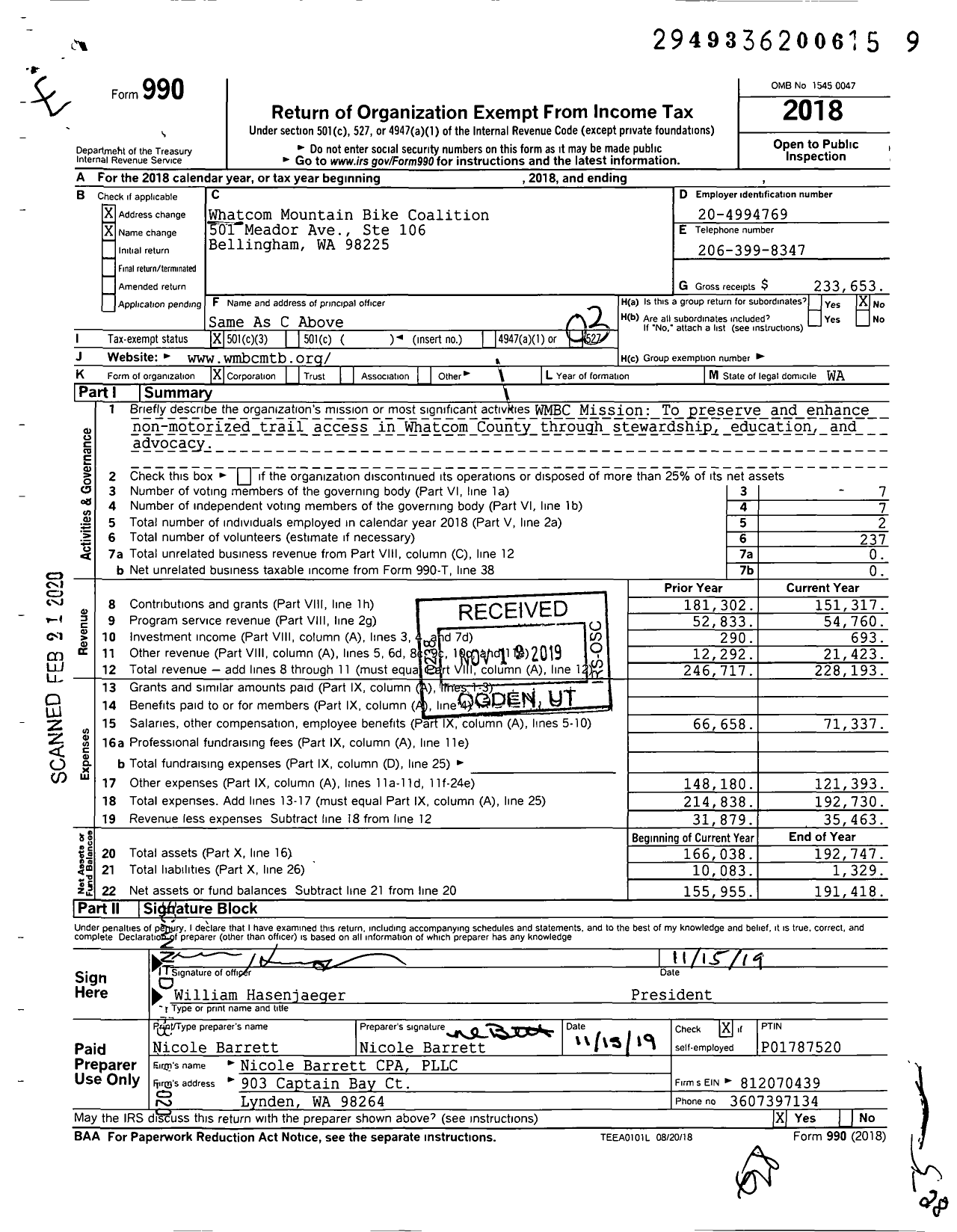 Image of first page of 2018 Form 990 for Whatcom Mountain Bike Coalition