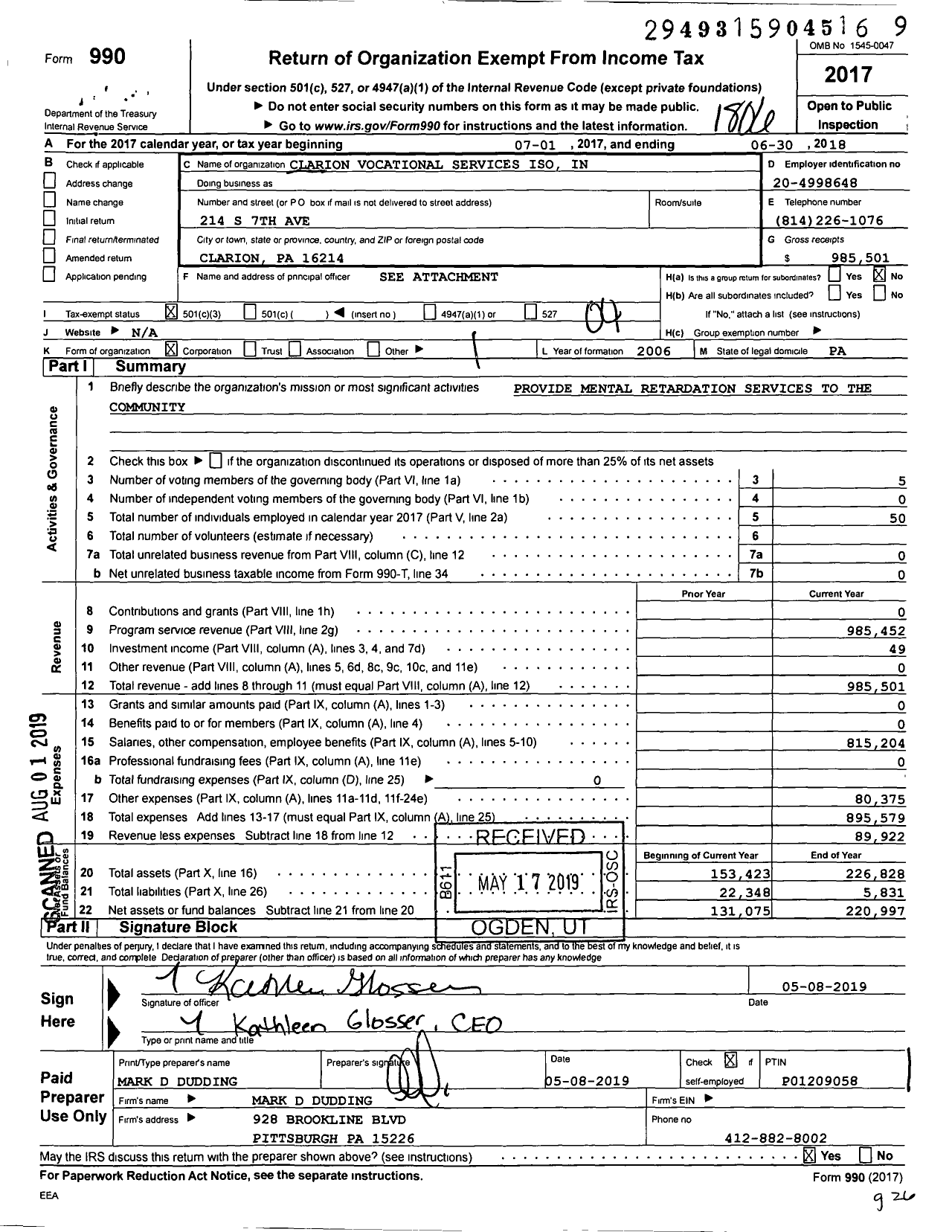 Image of first page of 2017 Form 990O for Clarion Vocational Services Iso