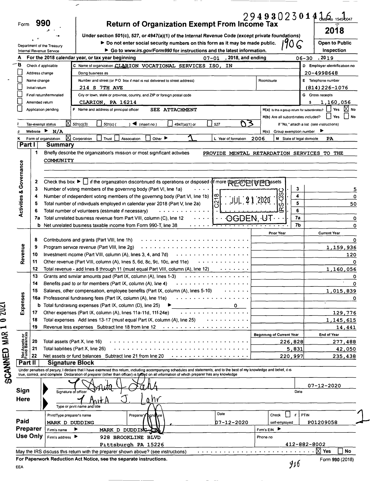 Image of first page of 2018 Form 990 for Clarion Vocational Services Iso