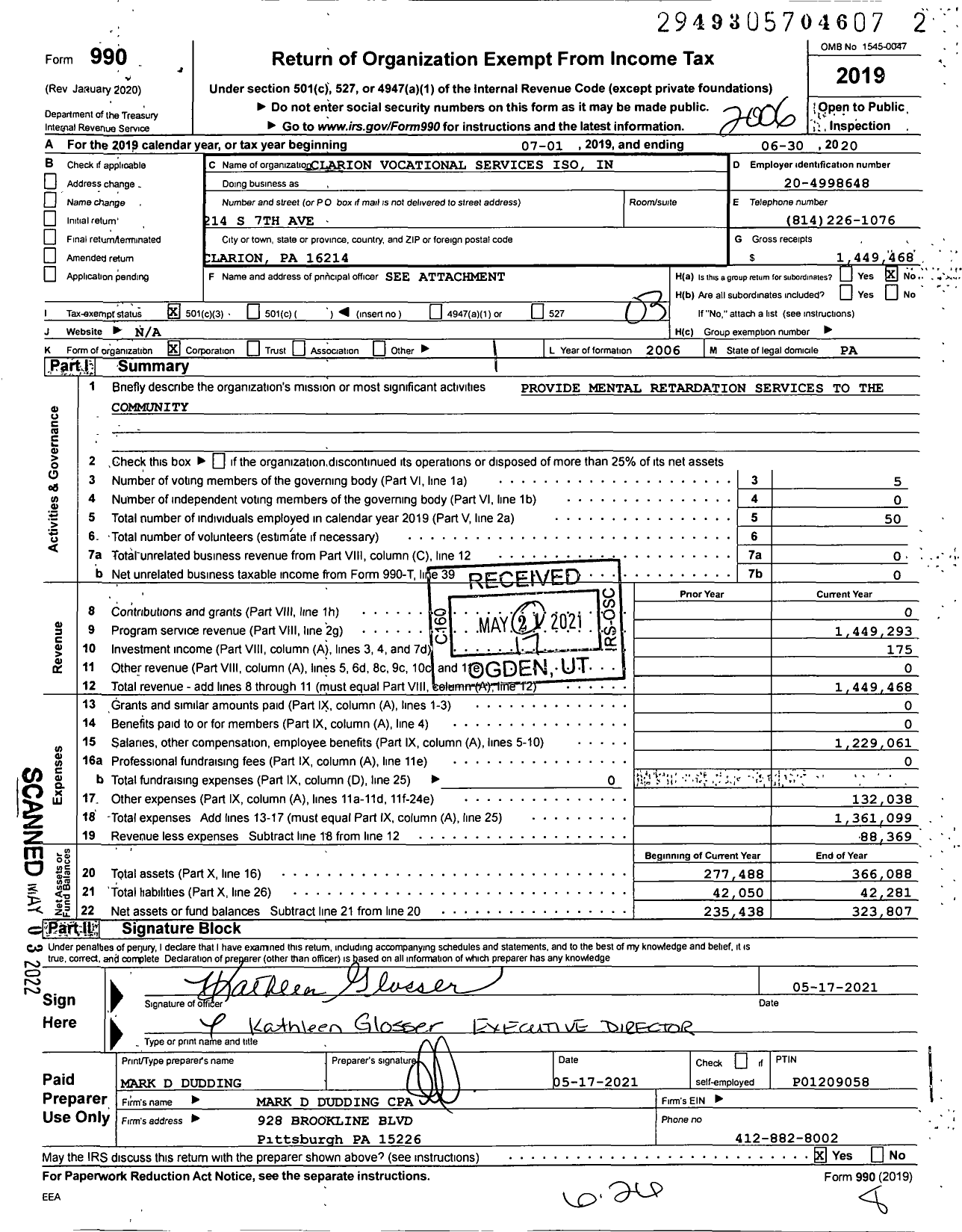 Image of first page of 2019 Form 990 for Clarion Vocational Services Iso